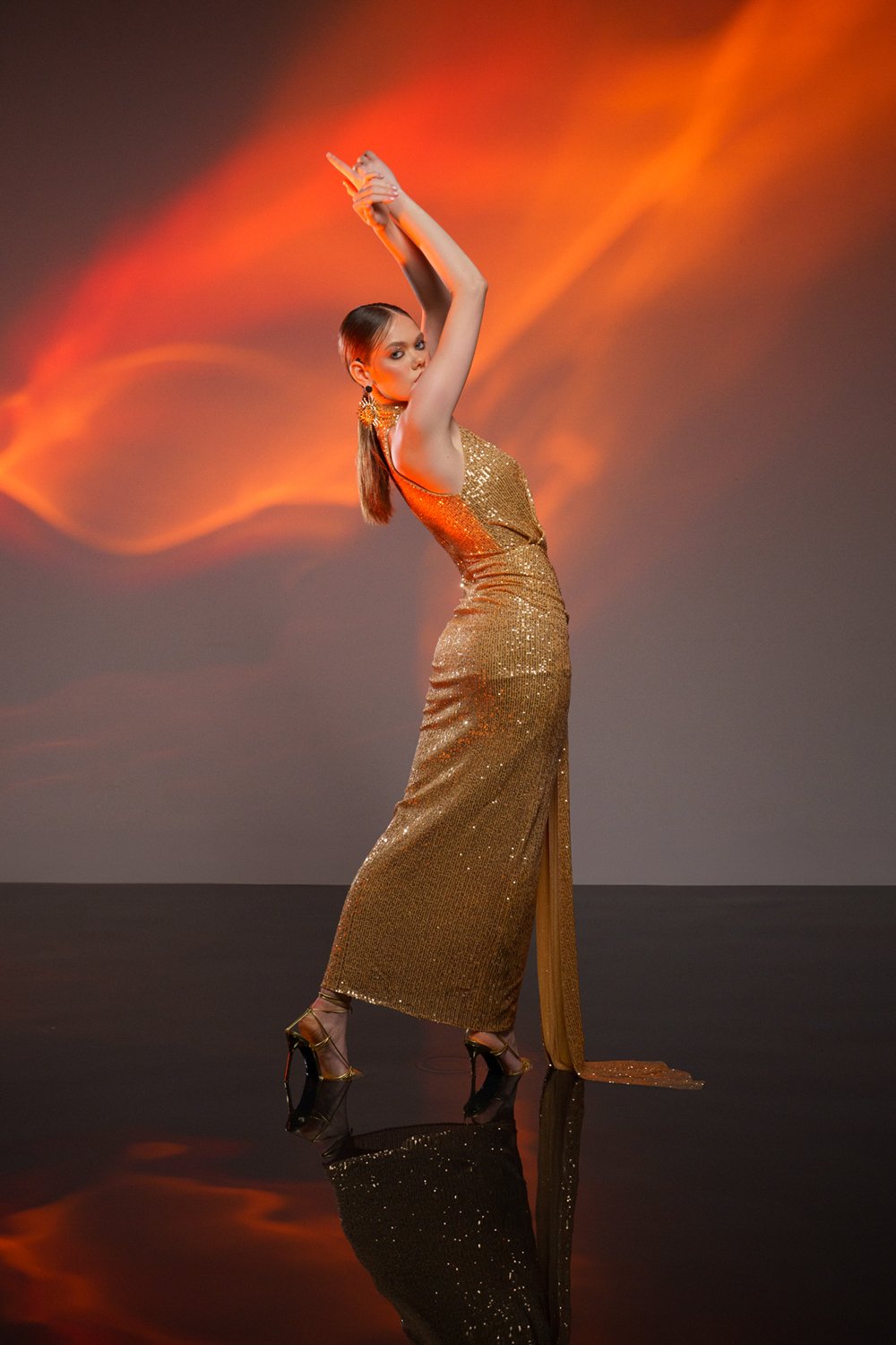 Gira Official-Gold Payetli Kuşak Detaylı Maxi Elbise-Elbise-3-Milagron.com