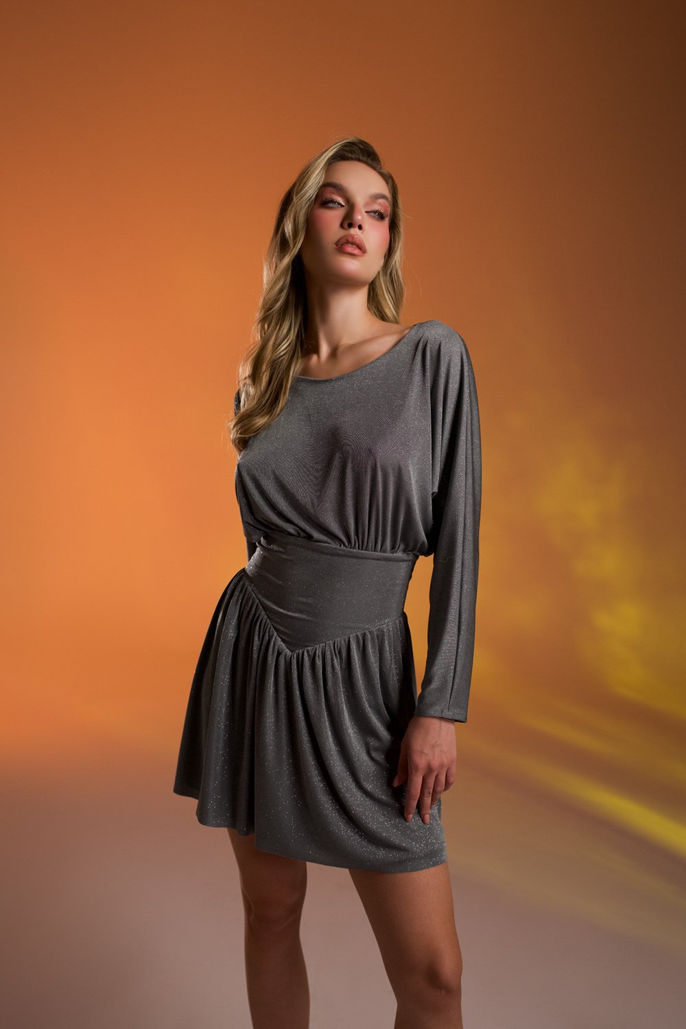 Gira Official-Gri Simli Korsajlı Sırt Detaylı Mini Elbise-Elbise-2-Milagron.com