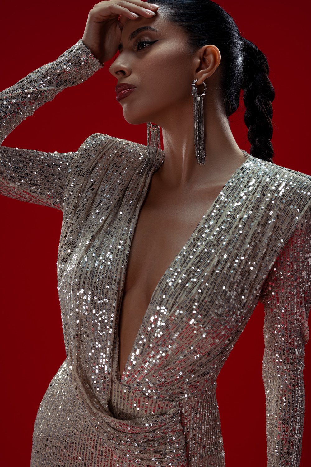 Gira Official-Gümüş/bej Payetli Drape Detaylı Maxi Elbise-Elbise-11-Milagron.com