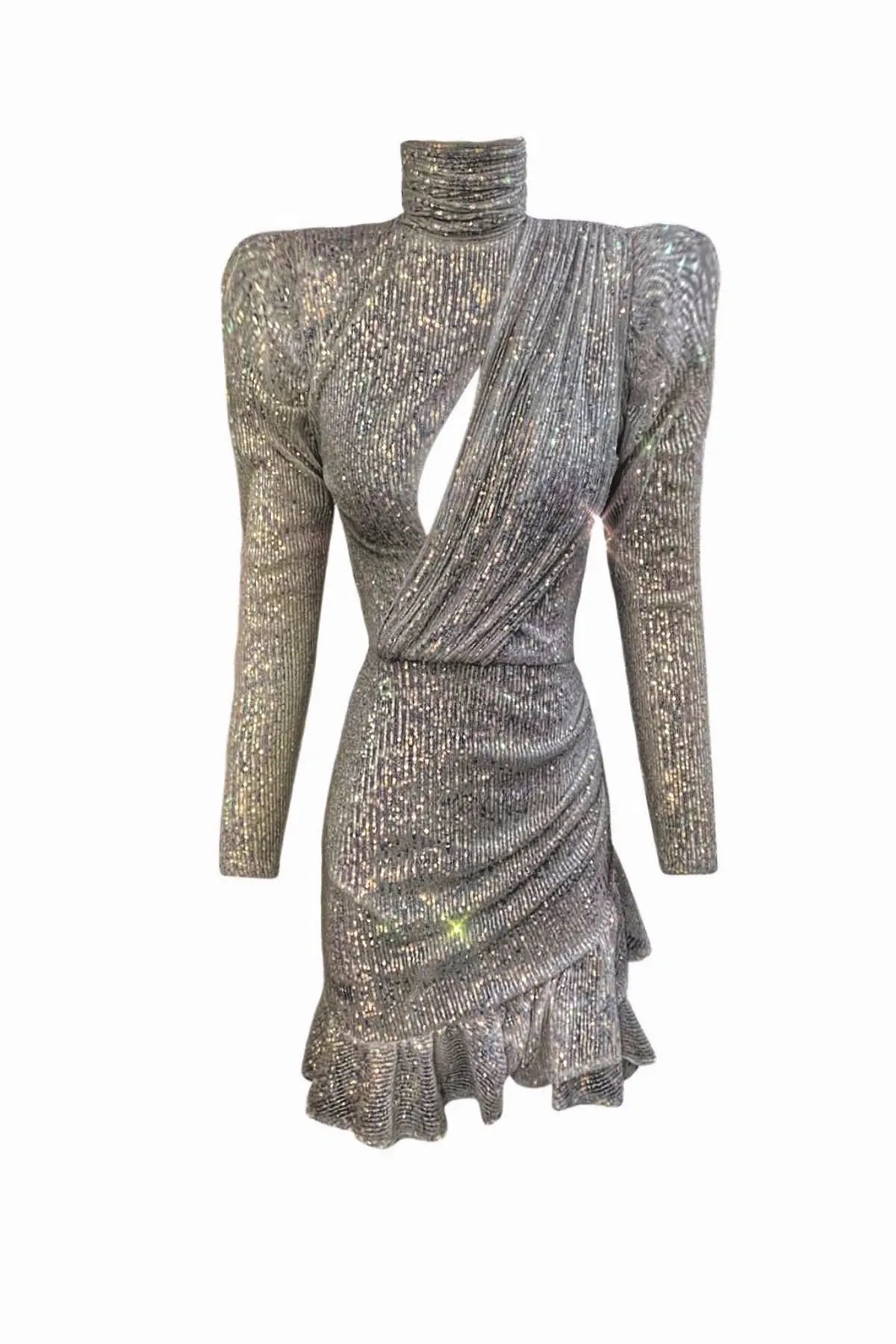 Gira Official-Gümüş/bej Payetli Fırfırlı Elbise-Elbise-1-Milagron.com