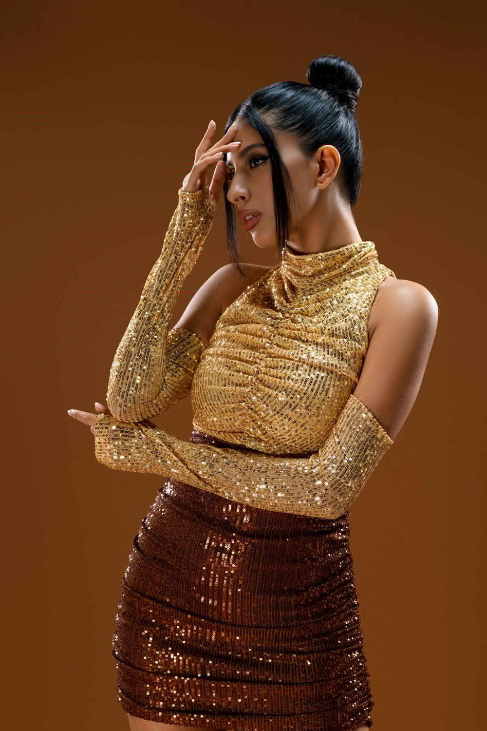 Gira Official-Kahve Gold Payetli 2 Renkli Mini Elbise-Elbise-2-Milagron.com