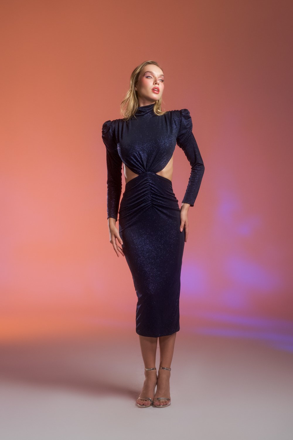 Gira Official-Lacivert Simli Cut Out Detaylı Midi Elbise-Elbise-4-Milagron.com