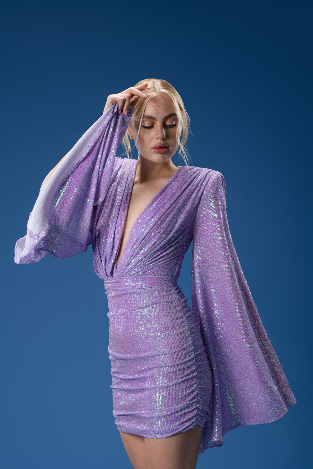 Gira Official-Lila Geniş Kol Detaylı Payetli Mini Elbise-Elbise-2-Milagron.com