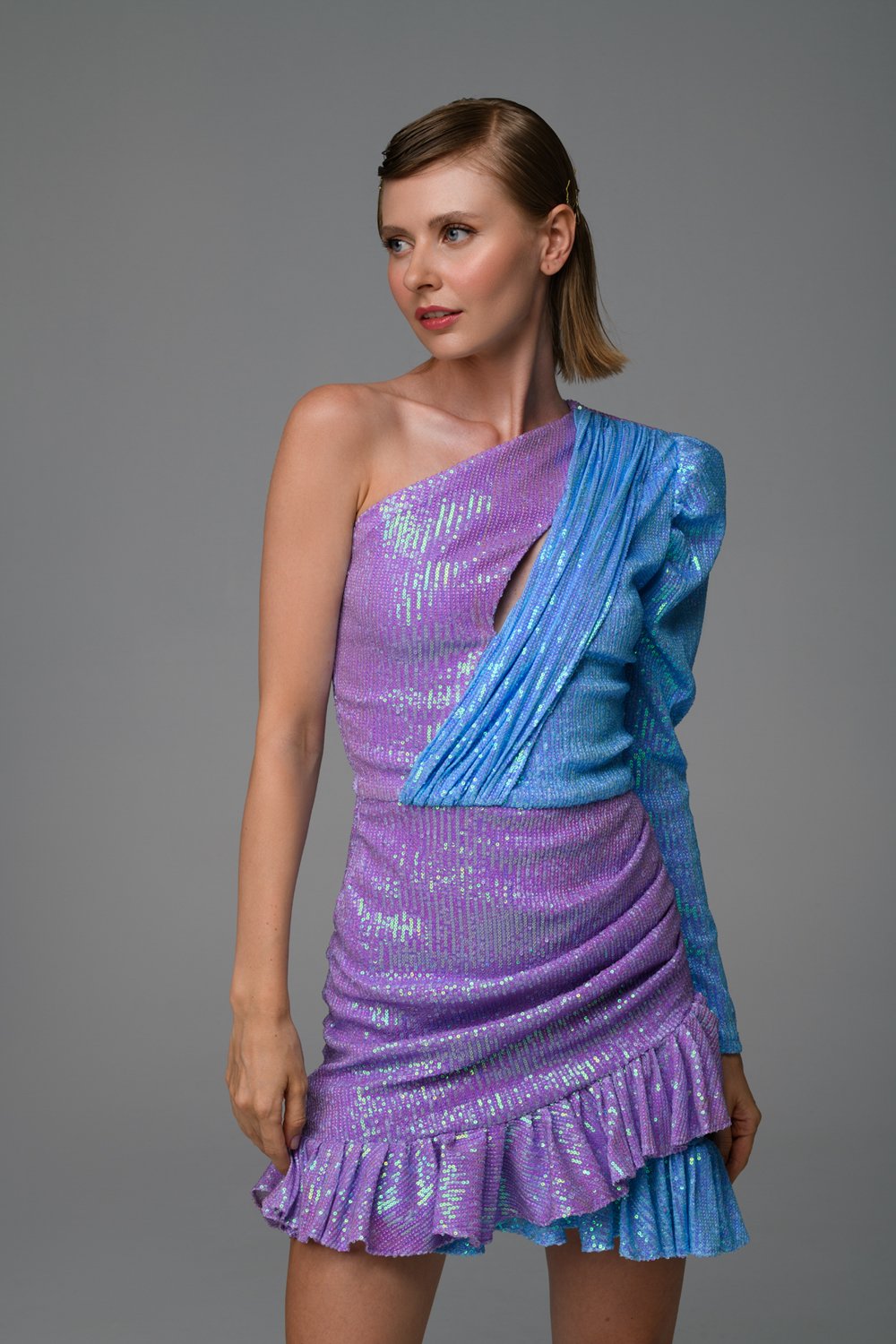 Gira Official-Lila Mavi Tek Omuz Payetli Elbise-Elbise-1-Milagron.com