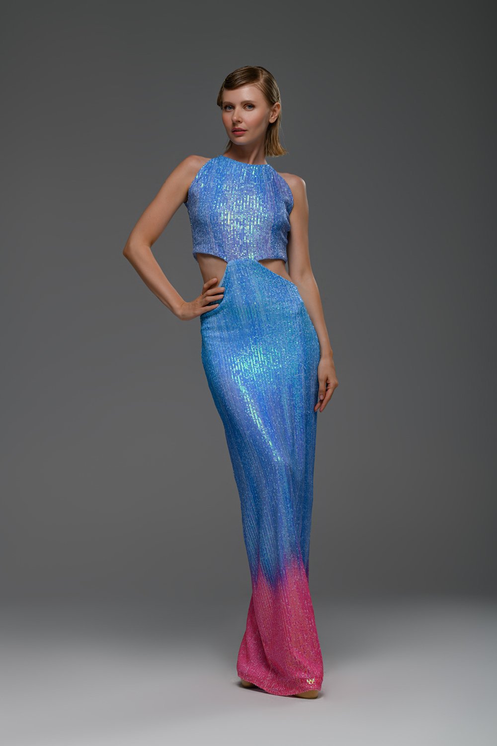 Gira Official-Mavi Pembe Degrade Cut Out Detaylı Maxi Elbise-Elbise-4-Milagron.com