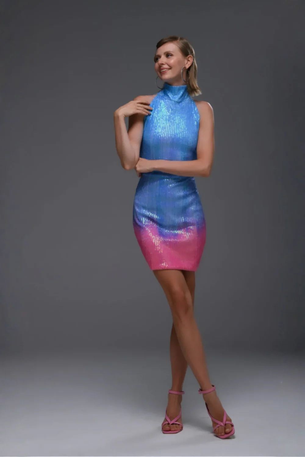 Gira Official-Mavi Pembe Degrade Cut Out Detaylı Mini Elbise-Elbise-1-Milagron.com