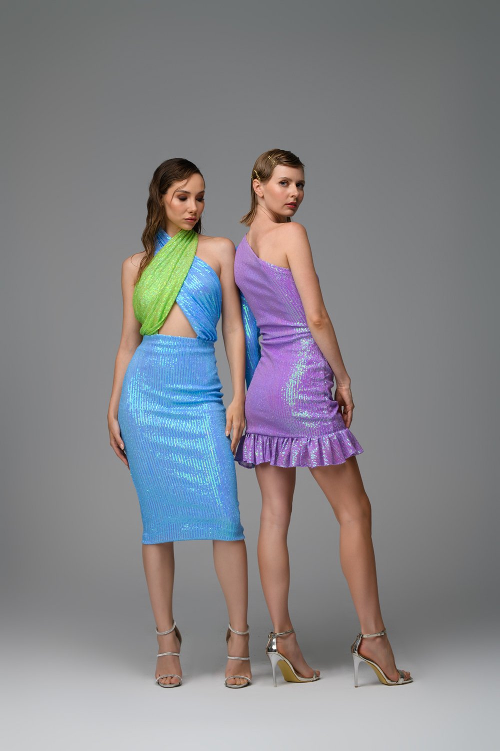 Gira Official-Mavi Yeşil Payetli Çapraz Detaylı Midi Elbise-Elbise-2-Milagron.com