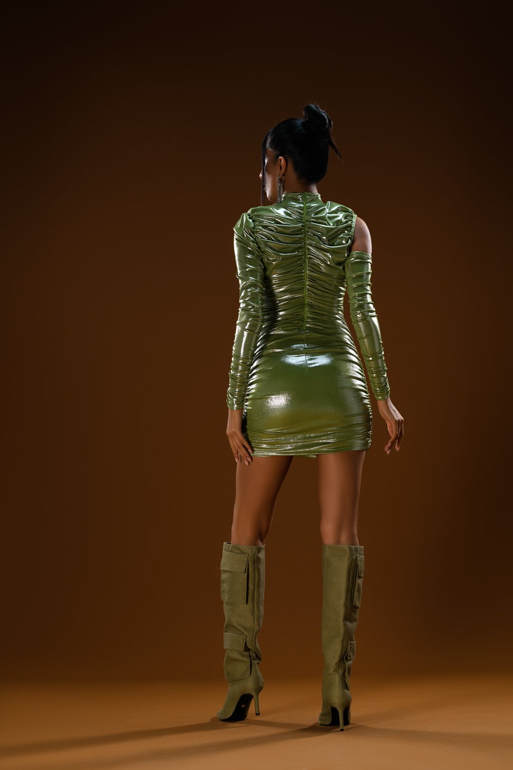 Gira Official-Metalik Yeşil Drapeli Mini Elbise-Elbise-6-Milagron.com