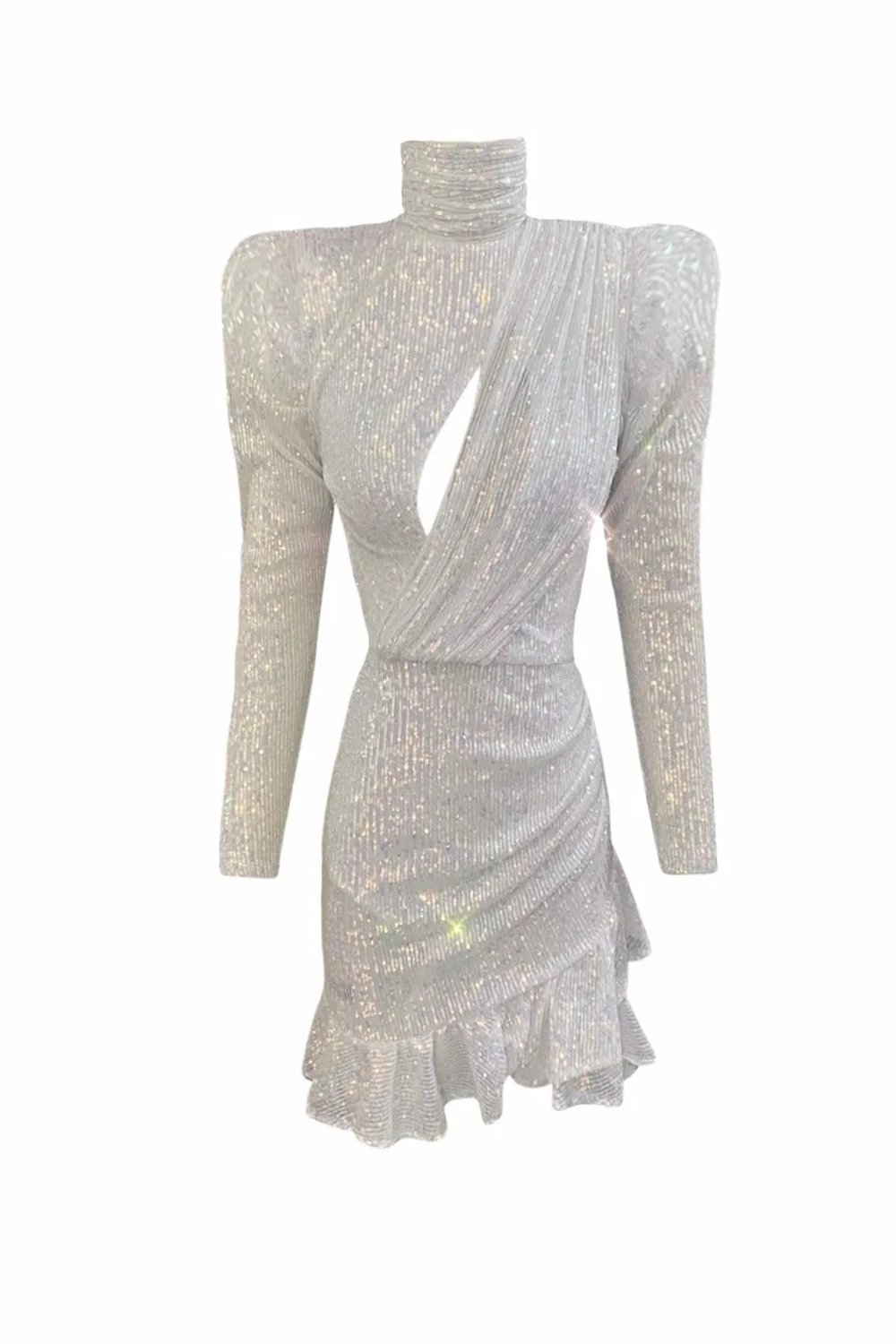 Gira Official-Payetli Fırfırlı Elbise Beyaz Hologram-Elbise-1-Milagron.com