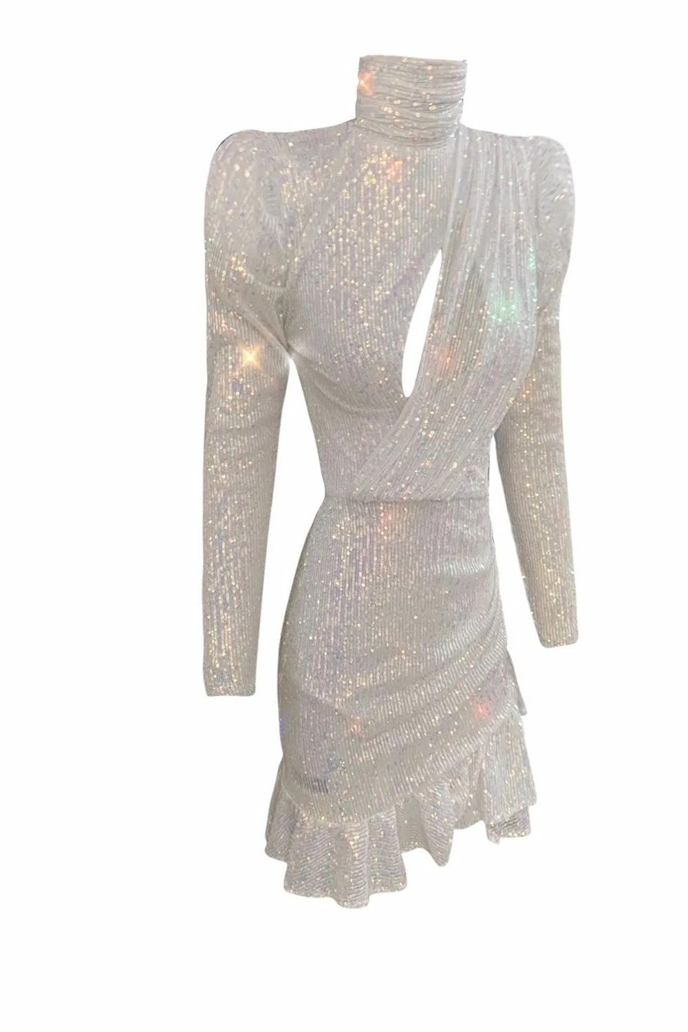 Gira Official-Payetli Fırfırlı Elbise Beyaz Hologram-Elbise-2-Milagron.com