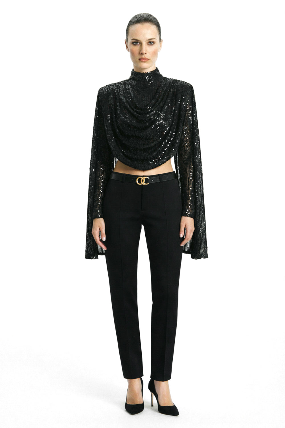 Siyah Payetli Şal Detaylı Bluz - 0