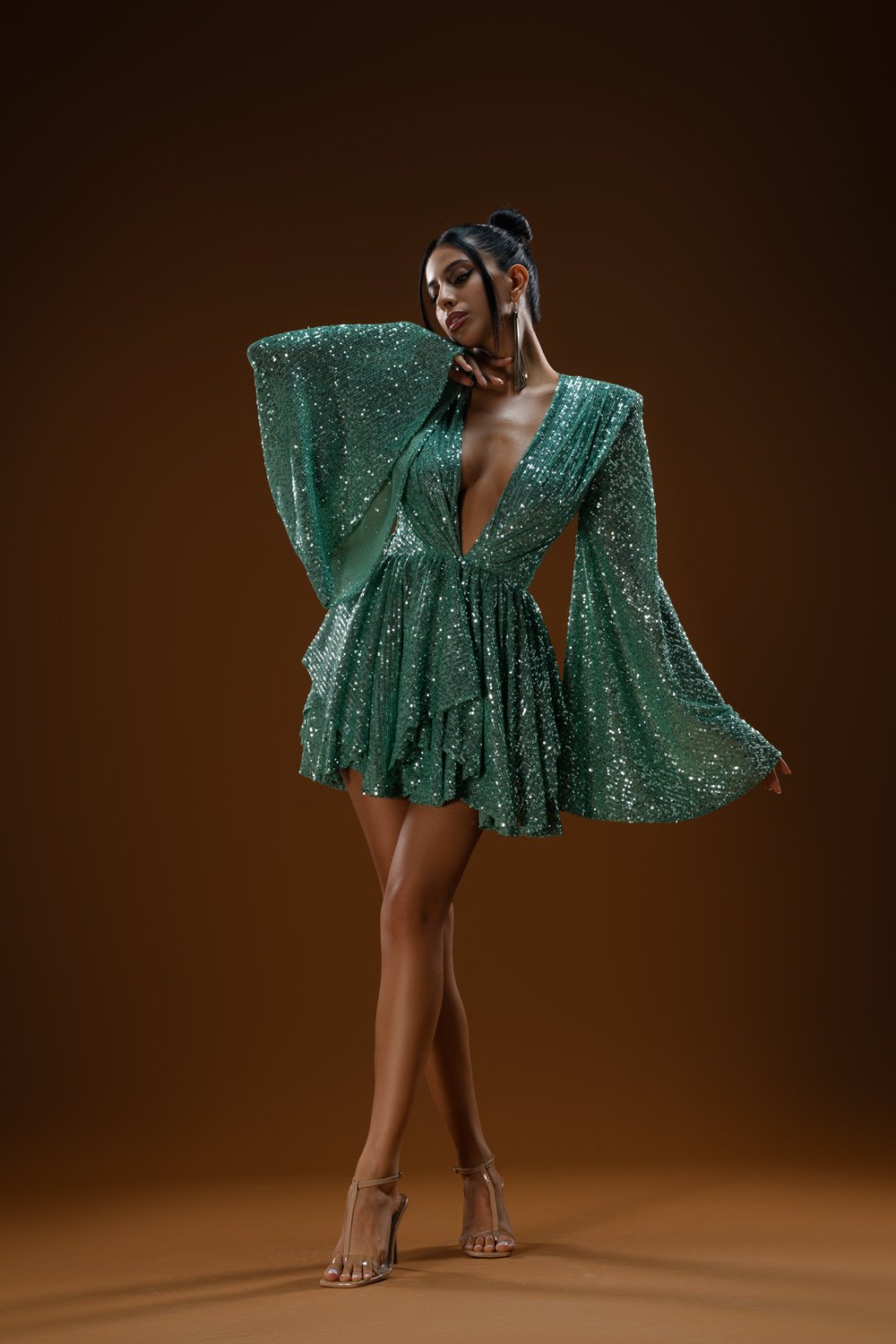 Gira Official-Yeşil Payetli Geniş Kol Detaylı Elbise-Elbise-2-Milagron.com