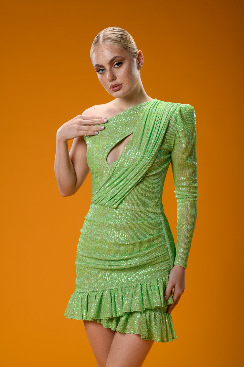Gira Official-Yeşil Payetli Tek Omuz Elbise-Elbise-2-Milagron.com