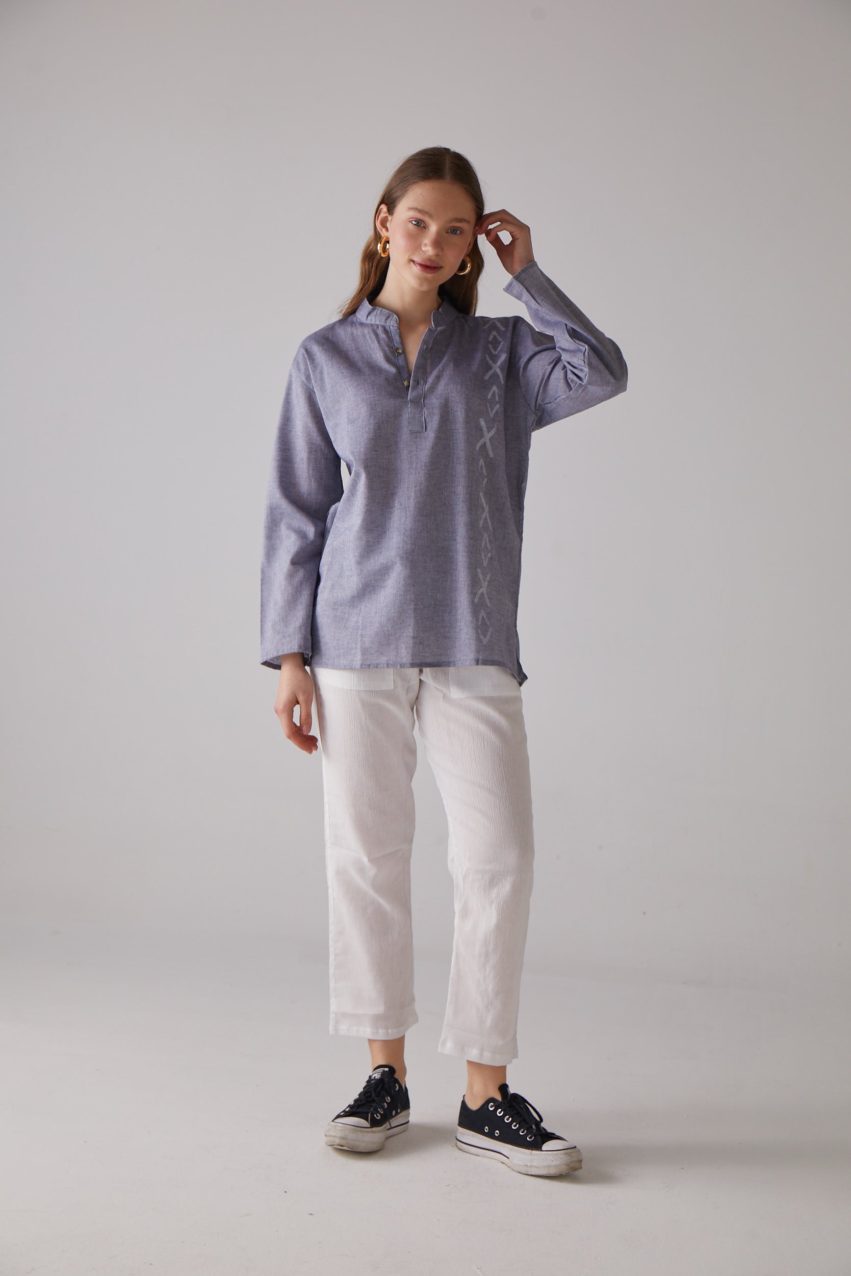 Handarte Los Angeles-Çapraz Desen Uzun Kollu Mavi Gömlek-Gömlek-2-Milagron.com