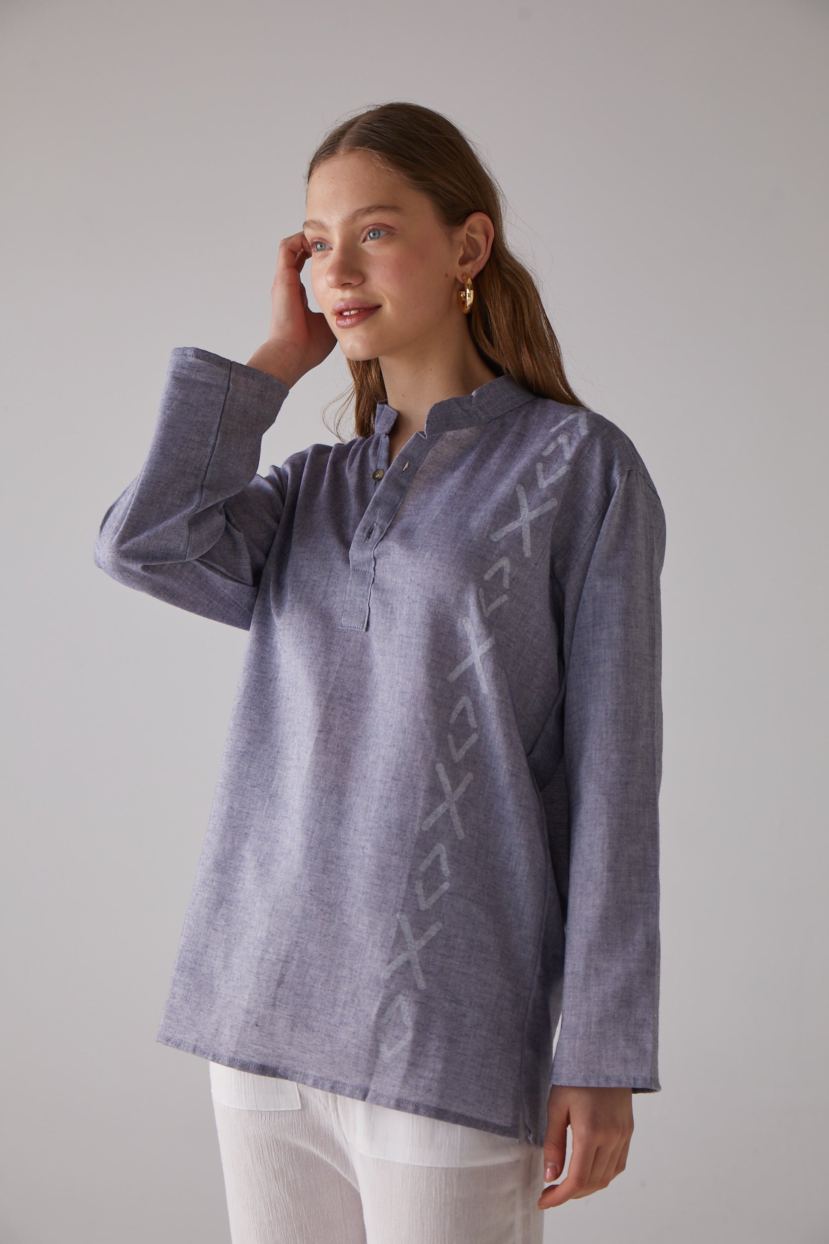 Handarte Los Angeles-Çapraz Desen Uzun Kollu Mavi Gömlek-Gömlek-3-Milagron.com