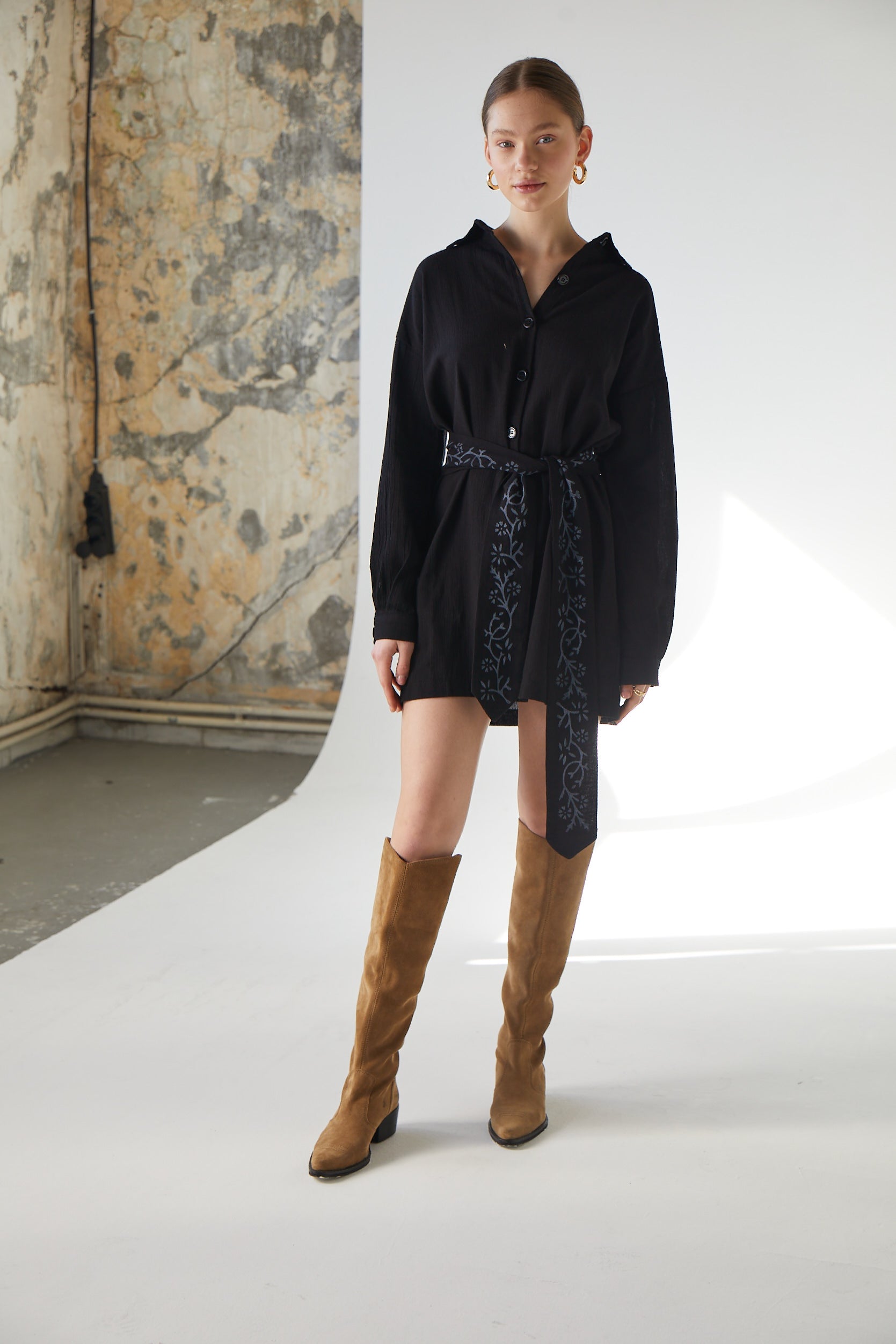 Handarte Los Angeles-Çiçek Desenli Kemerli Mini Gömlek Elbise-Elbise-2-Milagron.com