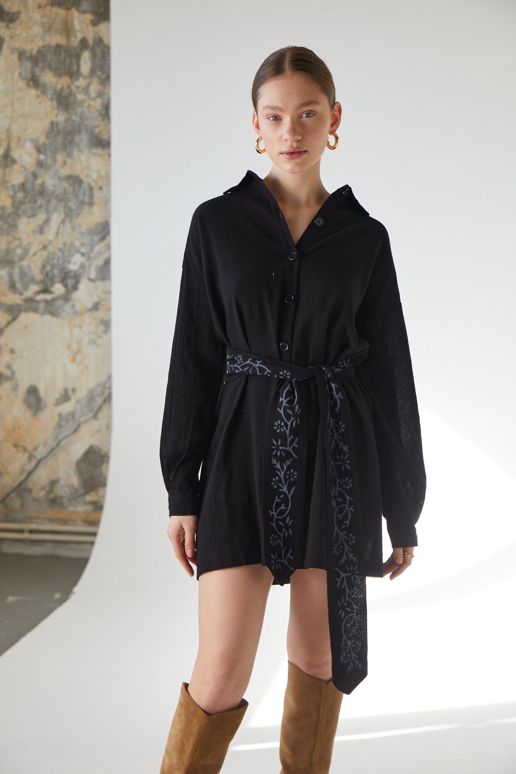 Handarte Los Angeles-Çiçek Desenli Kemerli Mini Gömlek Elbise-Elbise-4-Milagron.com