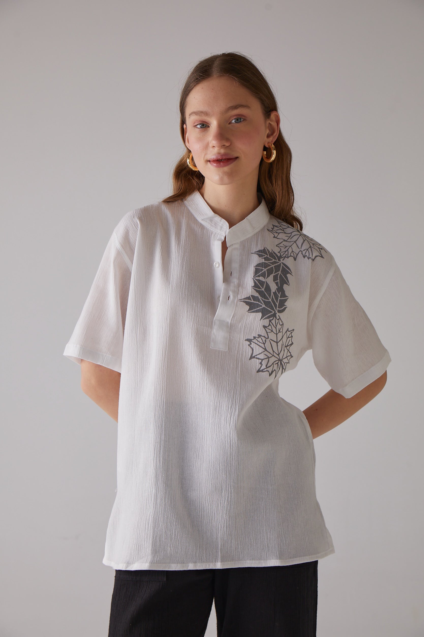 Handarte Los Angeles-Çınar Desenli Kısa Kollu Beyaz Gömlek-Gömlek-1-Milagron.com