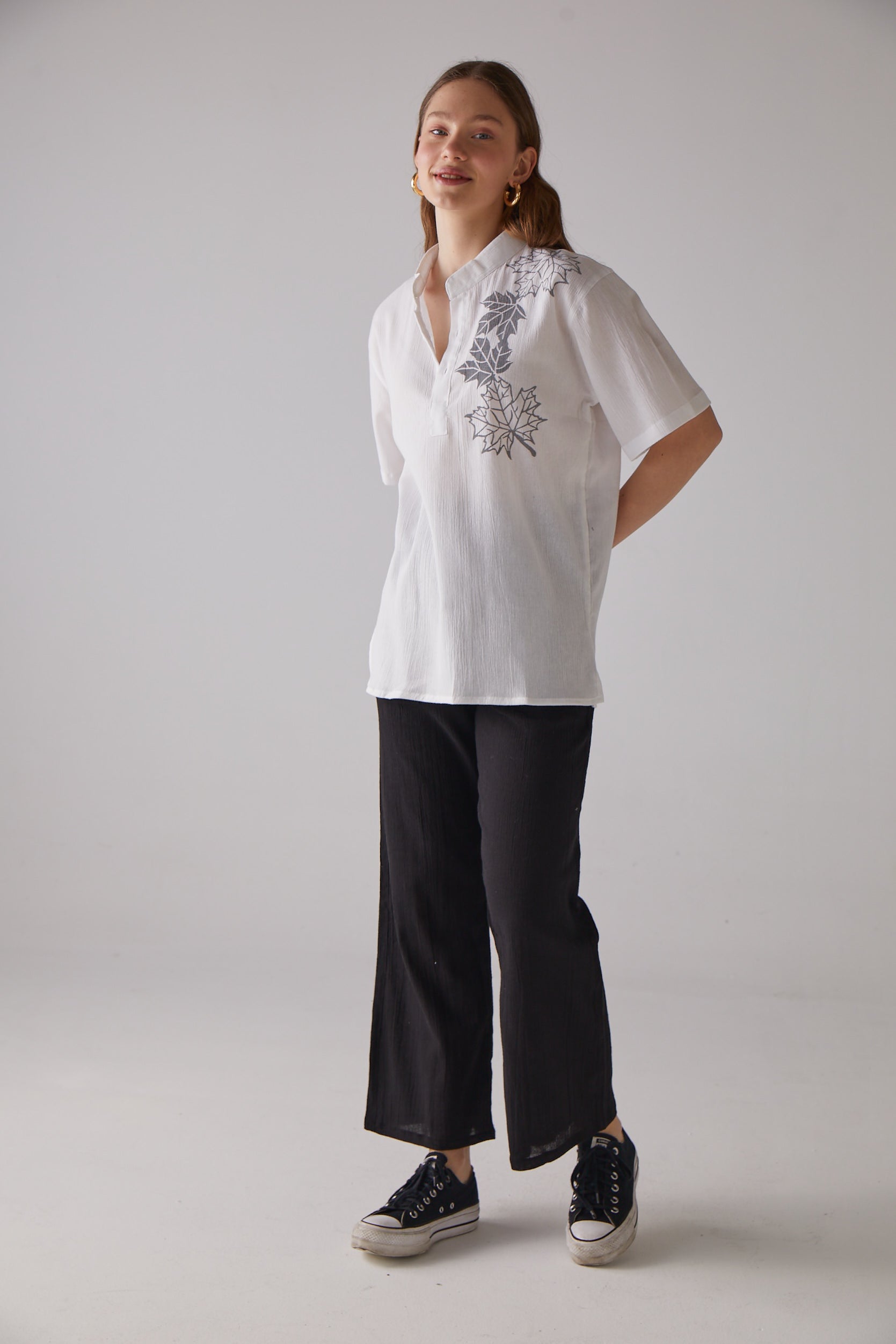 Handarte Los Angeles-Çınar Desenli Kısa Kollu Beyaz Gömlek-Gömlek-3-Milagron.com