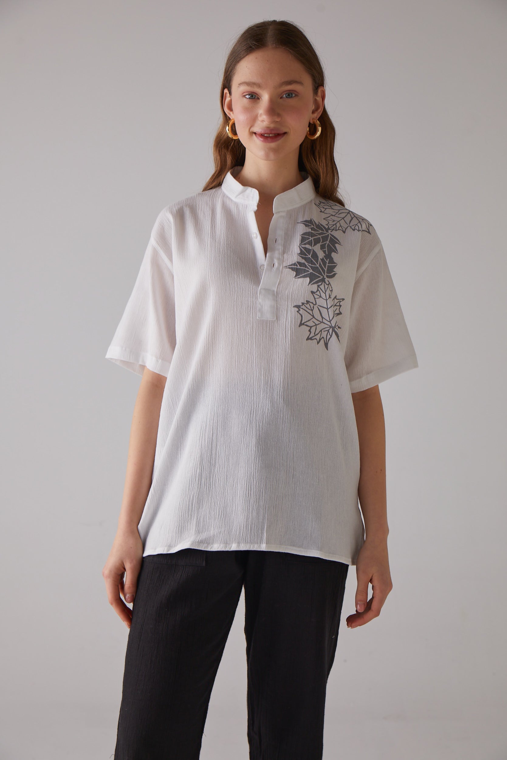 Handarte Los Angeles-Çınar Desenli Kısa Kollu Beyaz Gömlek-Gömlek-4-Milagron.com