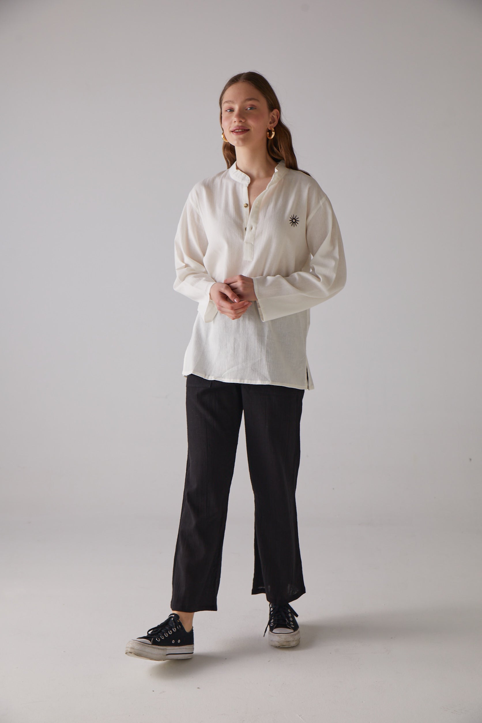 Handarte Los Angeles-Döngü Model Uzun Kollu Bej Gömlek-Gömlek-3-Milagron.com