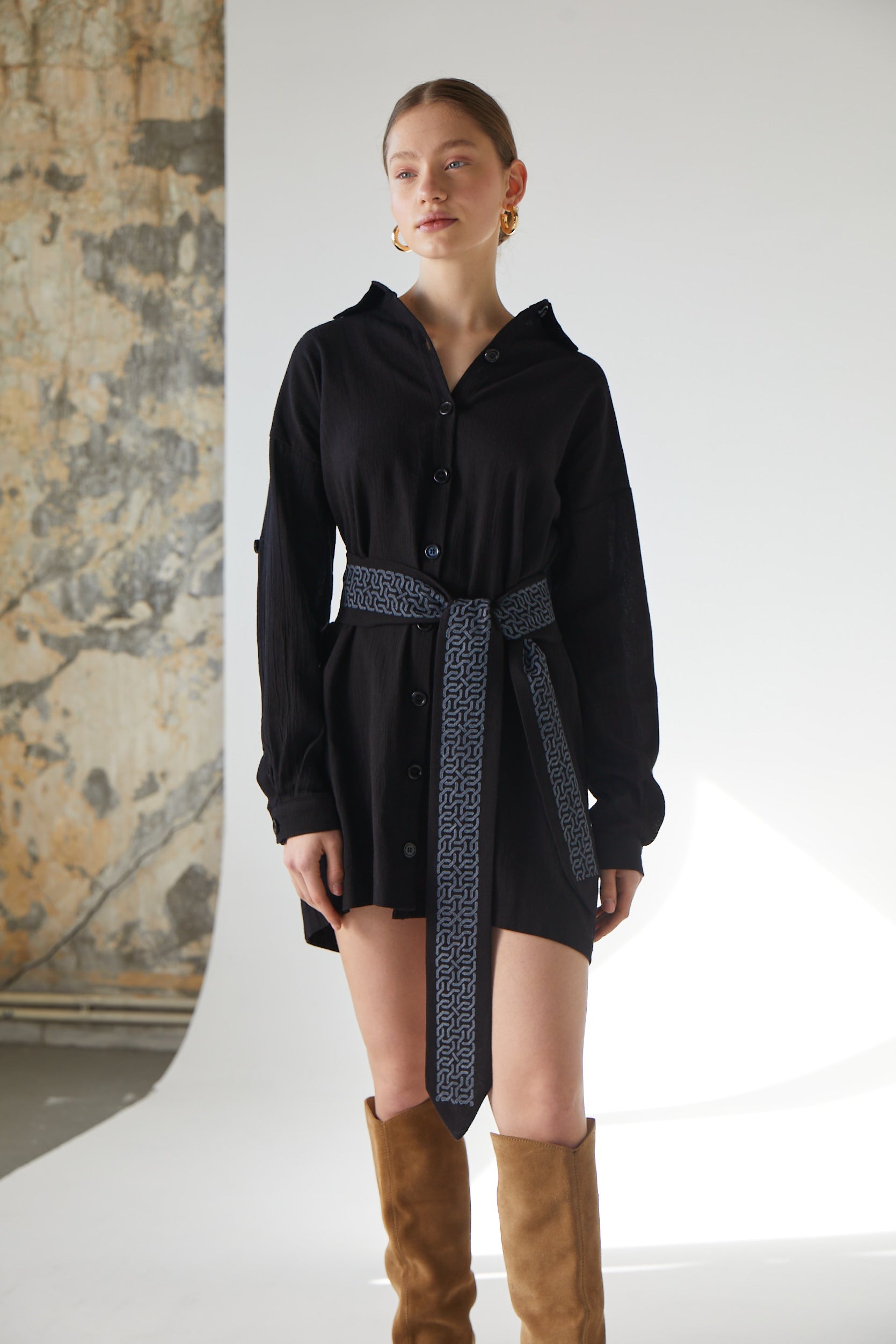 Handarte Los Angeles-Etnik Desenli Kemerli Mini Gömlek Elbise-Elbise-2-Milagron.com