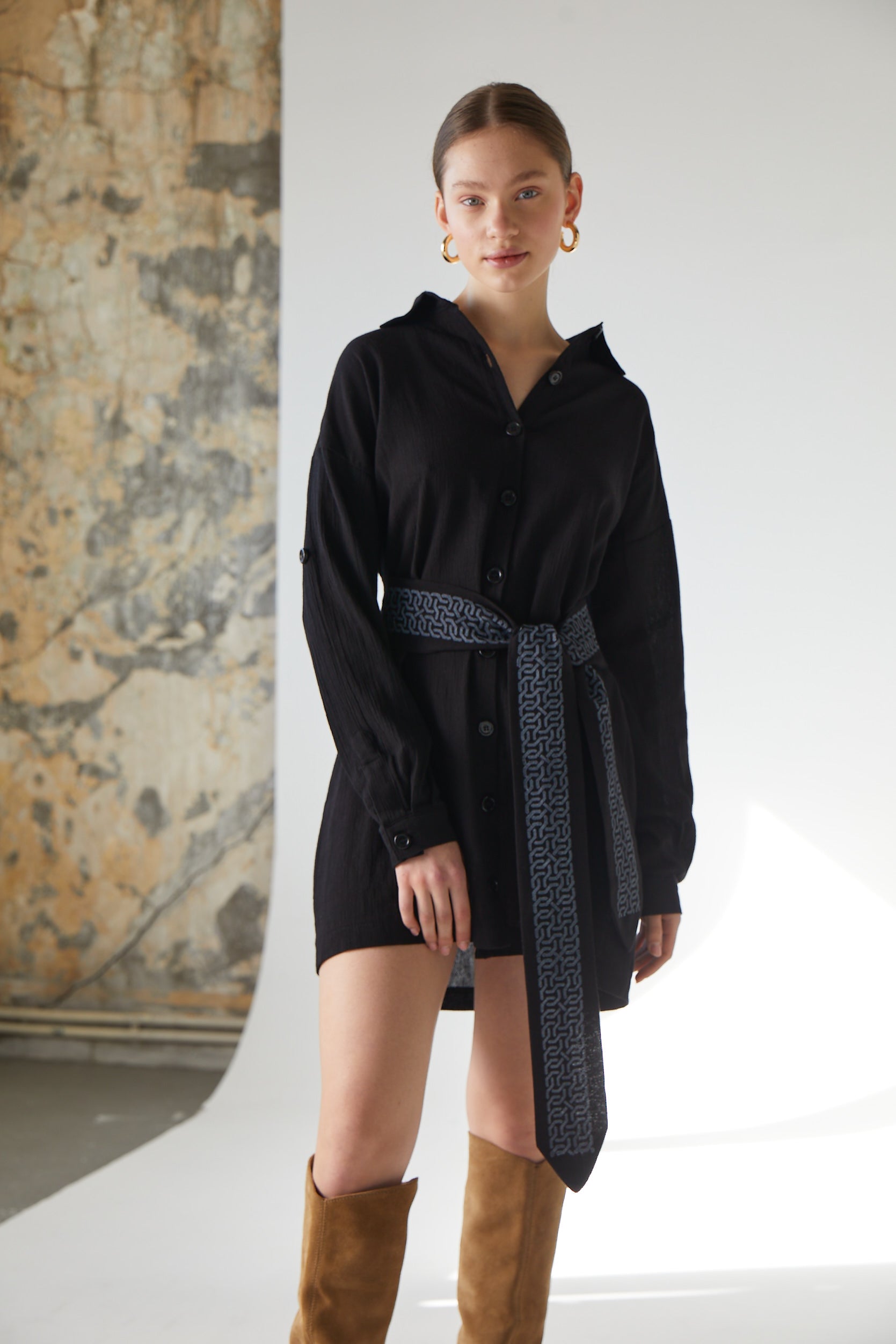 Handarte Los Angeles-Etnik Desenli Kemerli Mini Gömlek Elbise-Elbise-4-Milagron.com