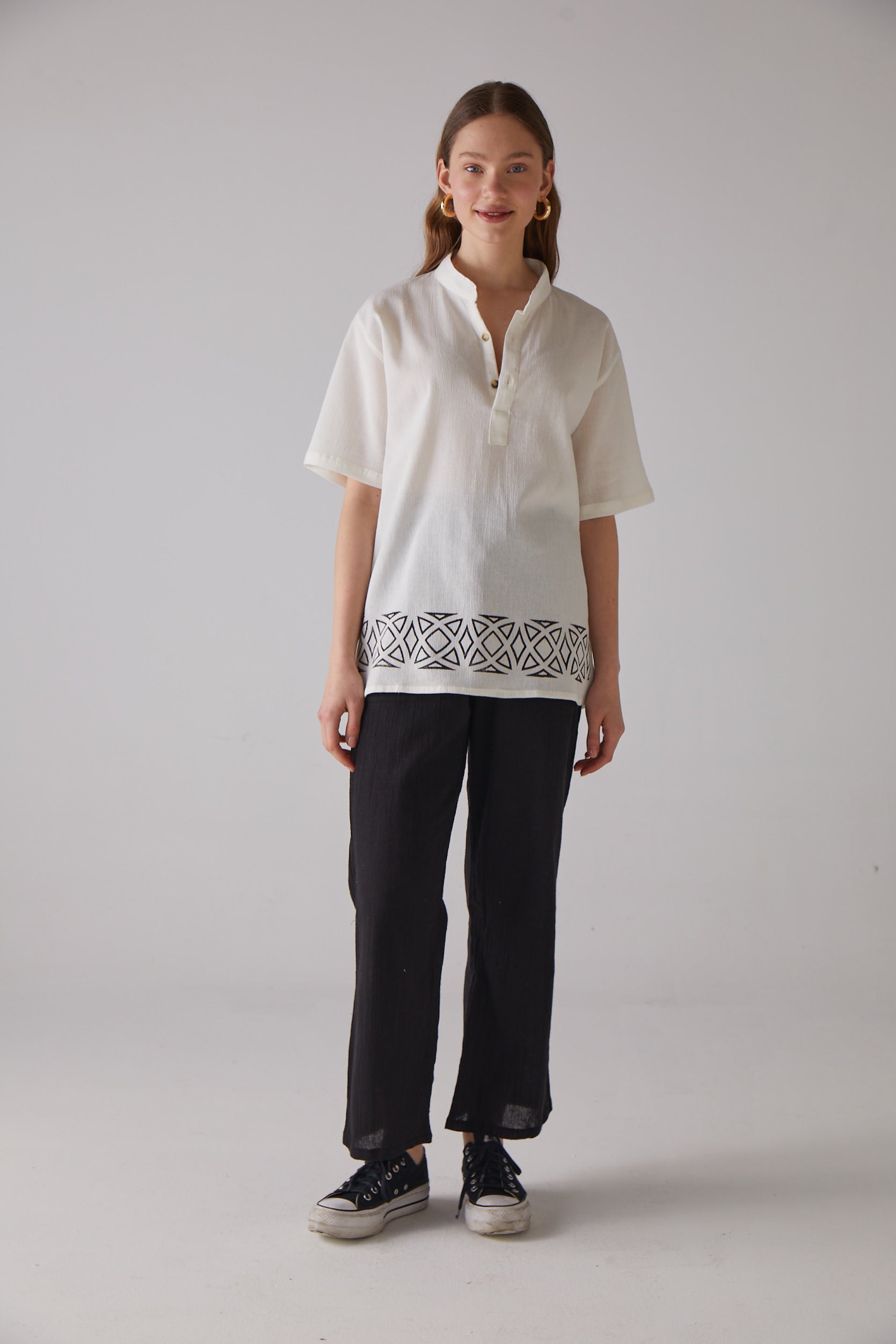 Handarte Los Angeles-Geometri Desen Kısa Kollu Bej Gömlek-Gömlek-1-Milagron.com