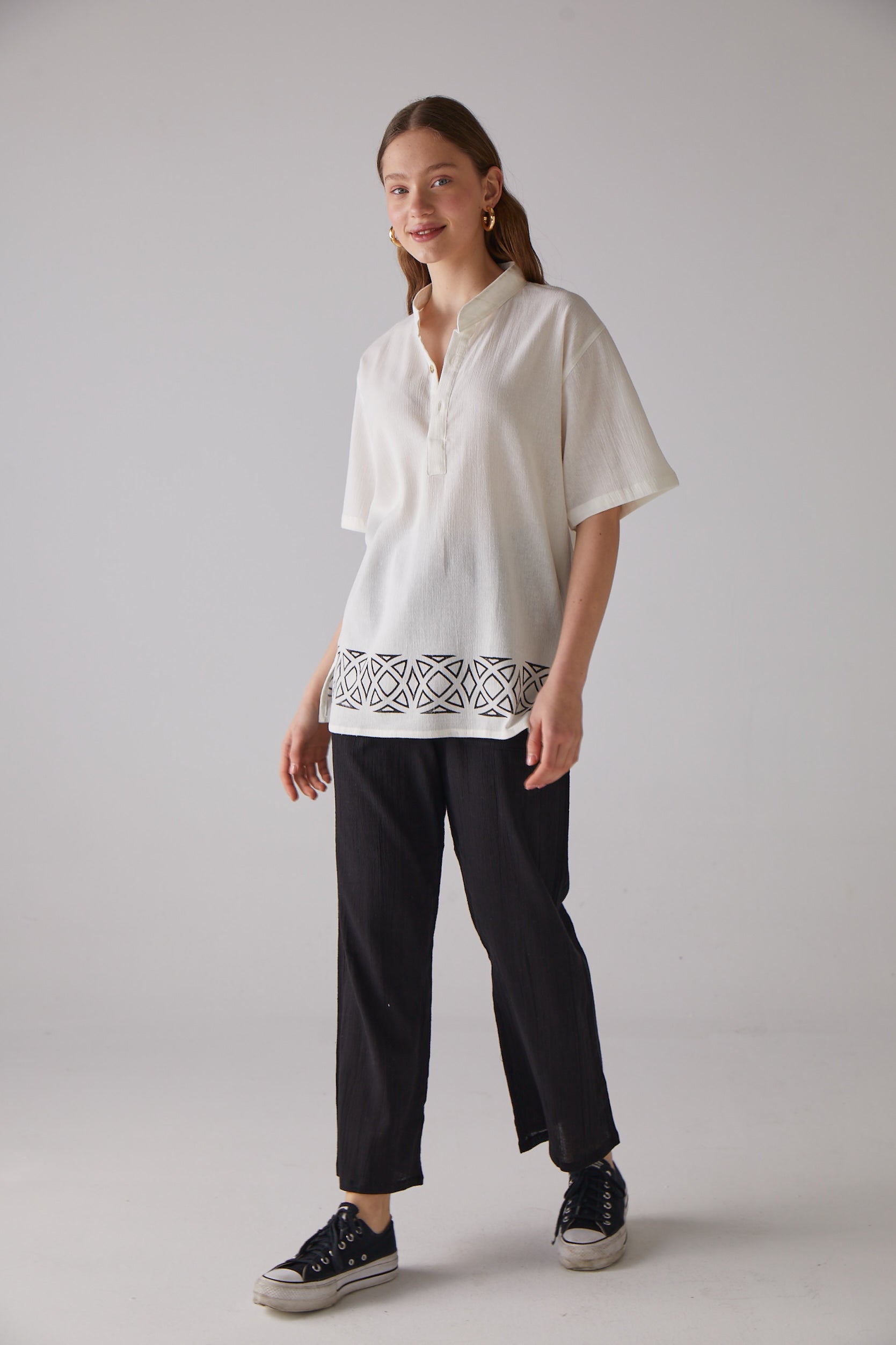 Handarte Los Angeles-Geometri Desen Kısa Kollu Bej Gömlek-Gömlek-2-Milagron.com