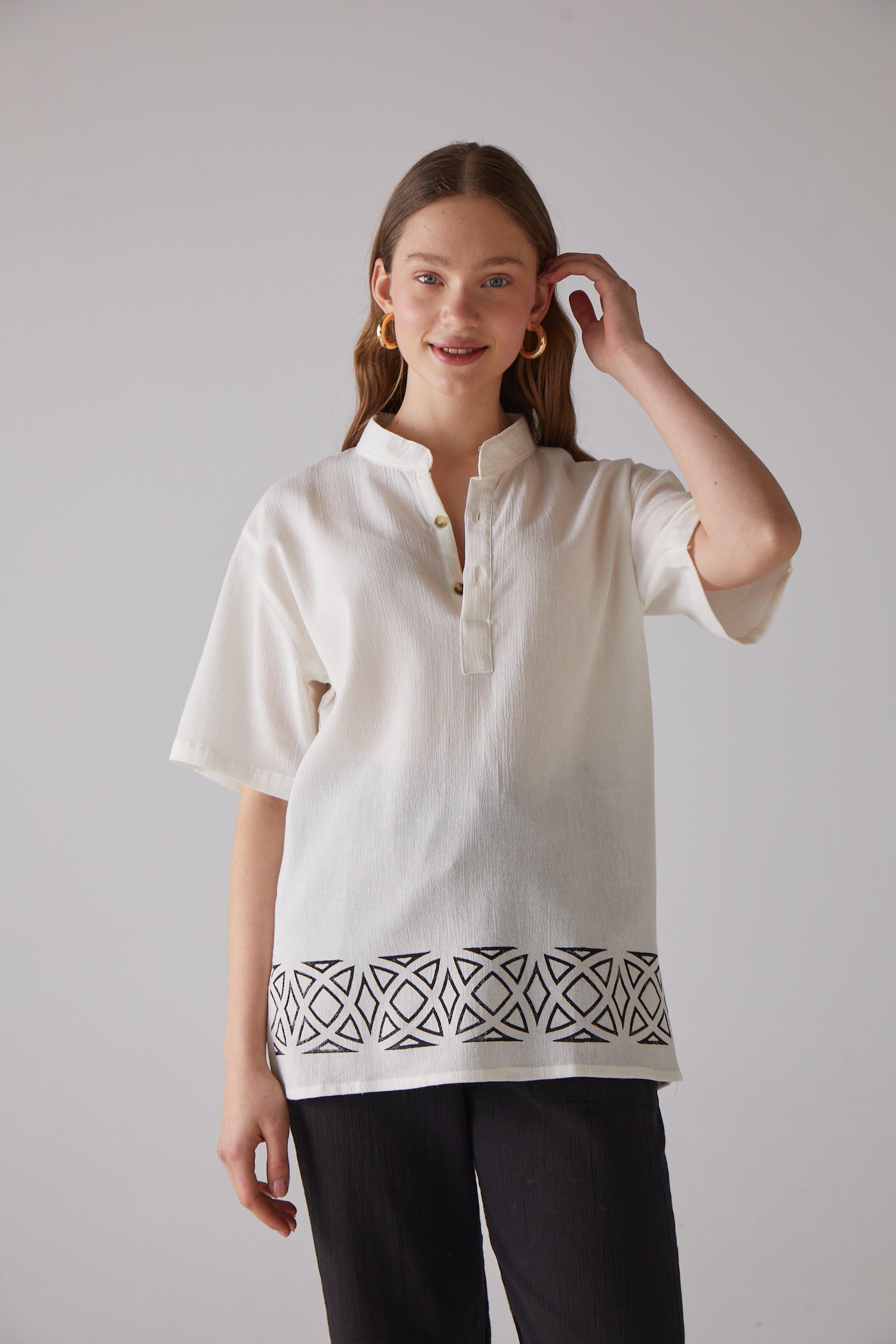 Handarte Los Angeles-Geometri Desen Kısa Kollu Bej Gömlek-Gömlek-3-Milagron.com