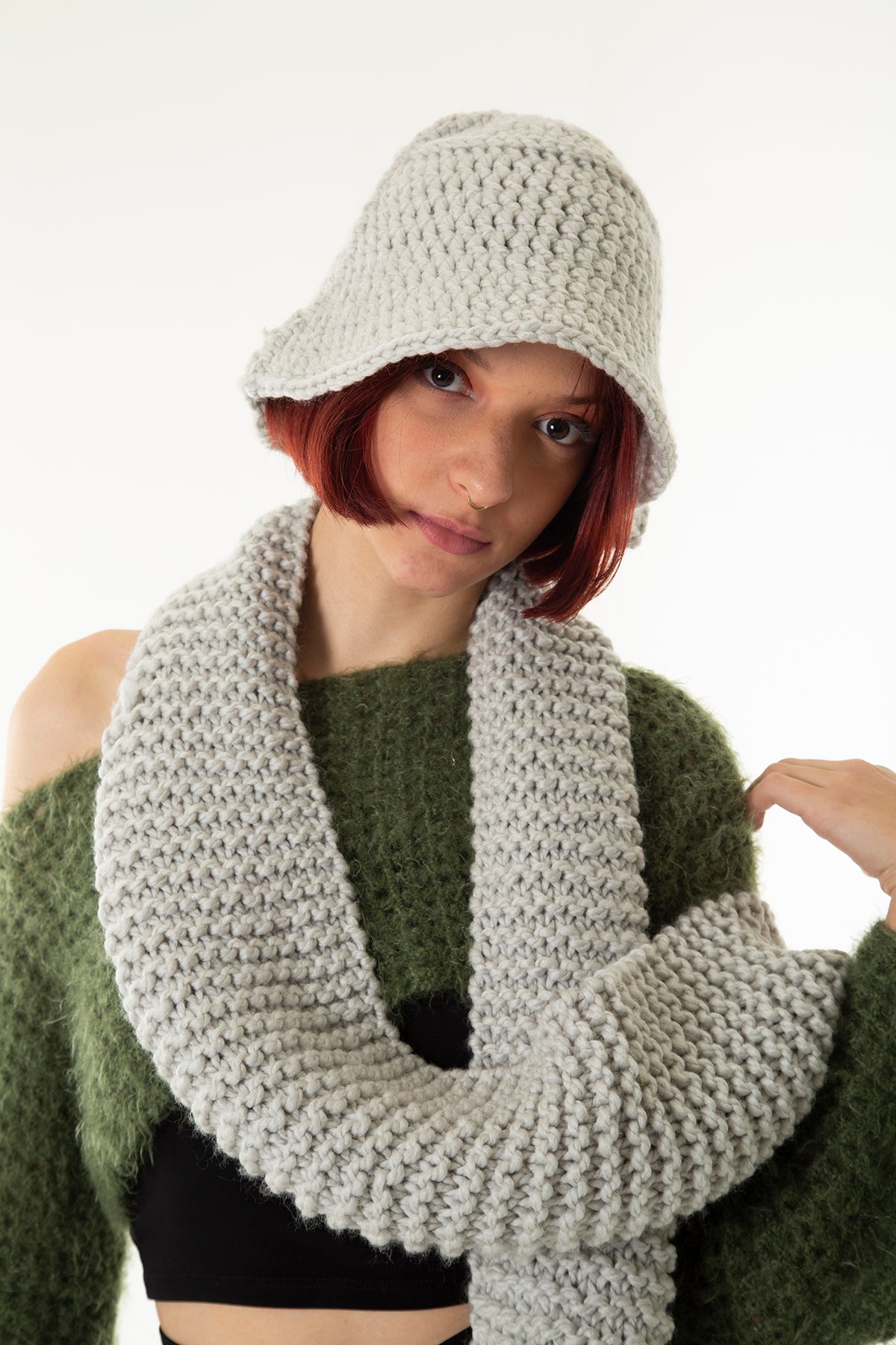 Handarte Los Angeles-Gri El Örgüsü Bucket şapka / Atkı Set-Şapka-3-Milagron.com