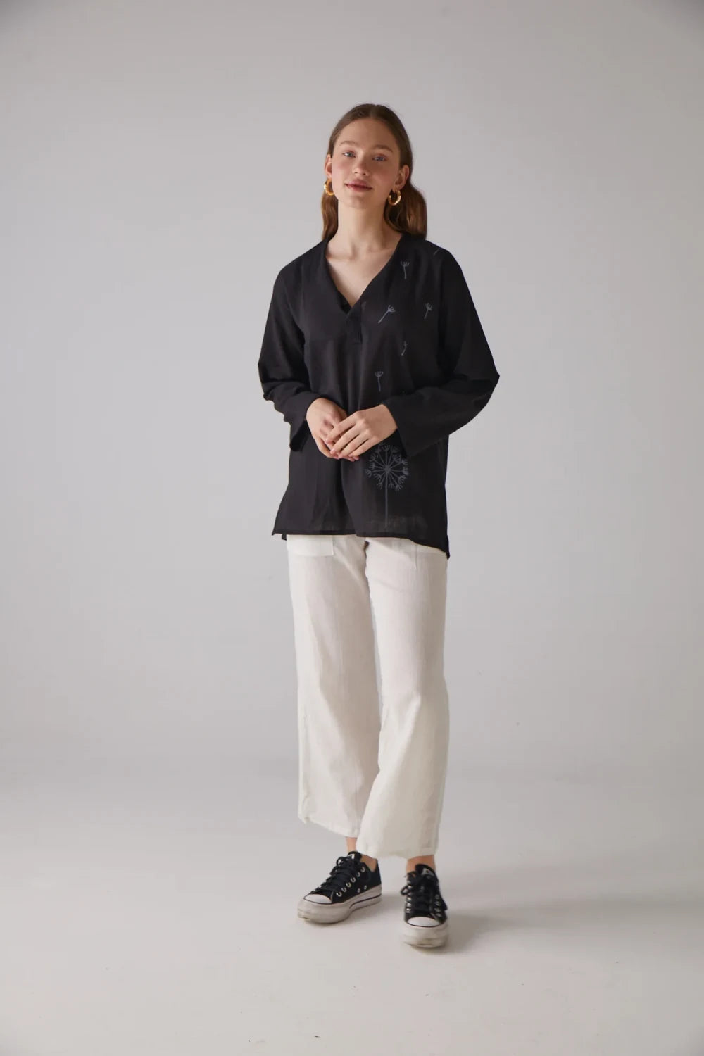 Handarte Los Angeles-Hindiba Desenli Uzun Kollu Gömlek - Siyah-Gömlek-4-Milagron.com