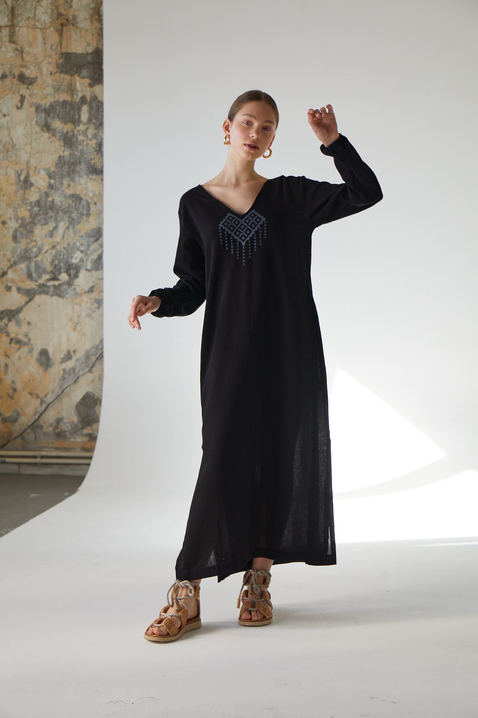 Handarte Los Angeles-Şile Bezi Pamuk Ağaç Baskılı Uzun Elbise-Elbise-1-Milagron.com