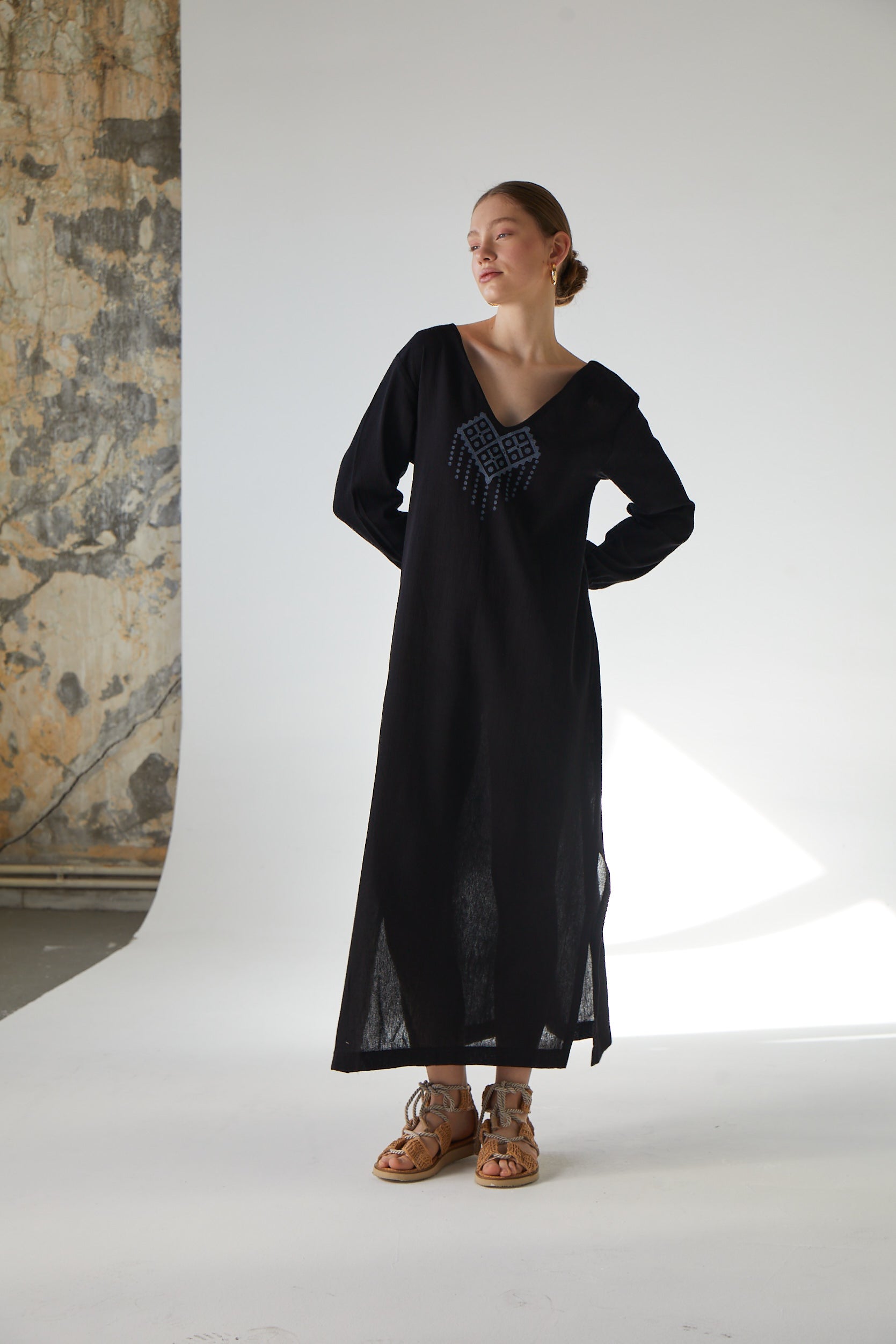 Handarte Los Angeles-Şile Bezi Pamuk Ağaç Baskılı Uzun Elbise-Elbise-2-Milagron.com