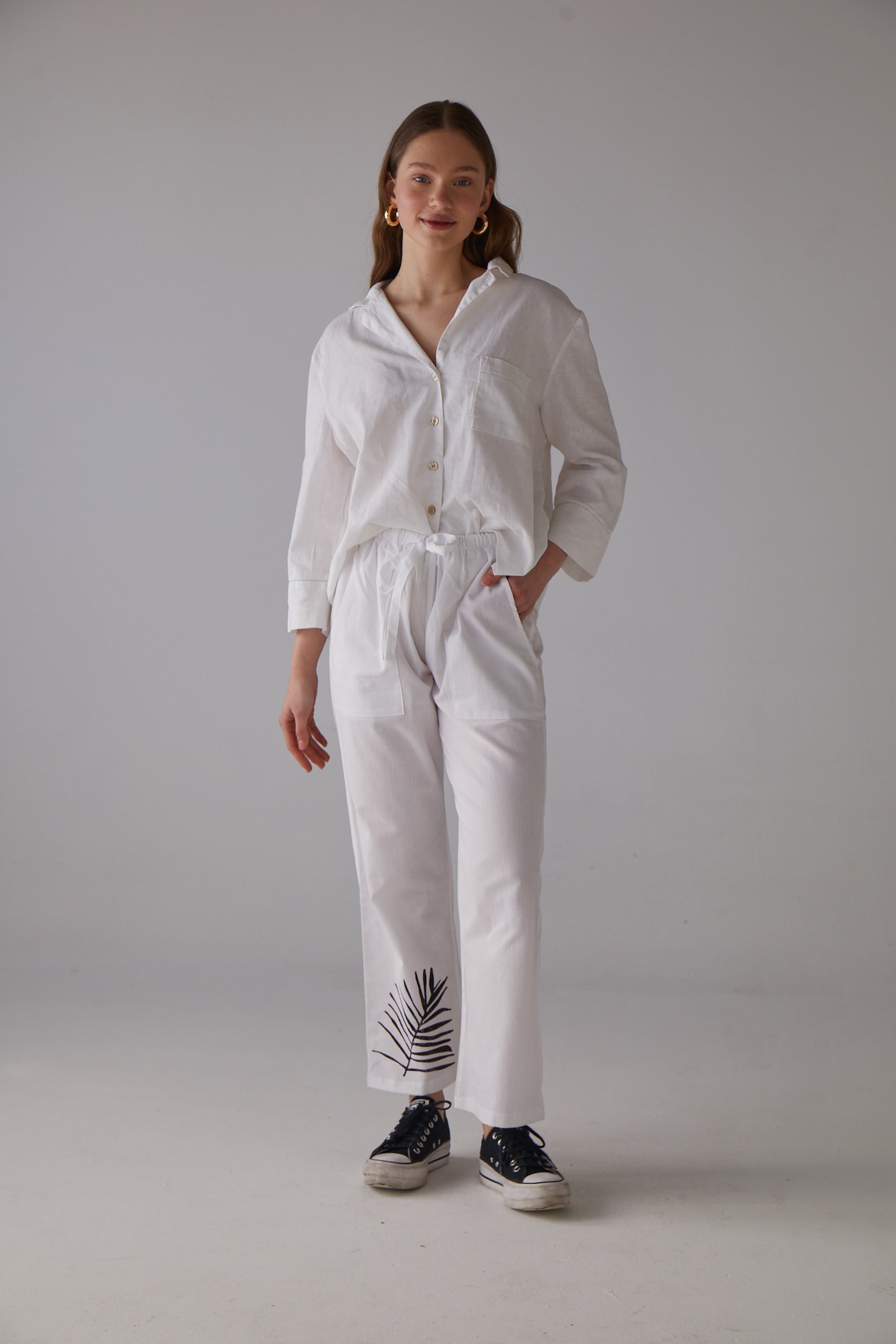 Handarte Los Angeles-Yaprak Baskılı Beyaz Yoga Pantolonu-Pantolon-1-Milagron.com