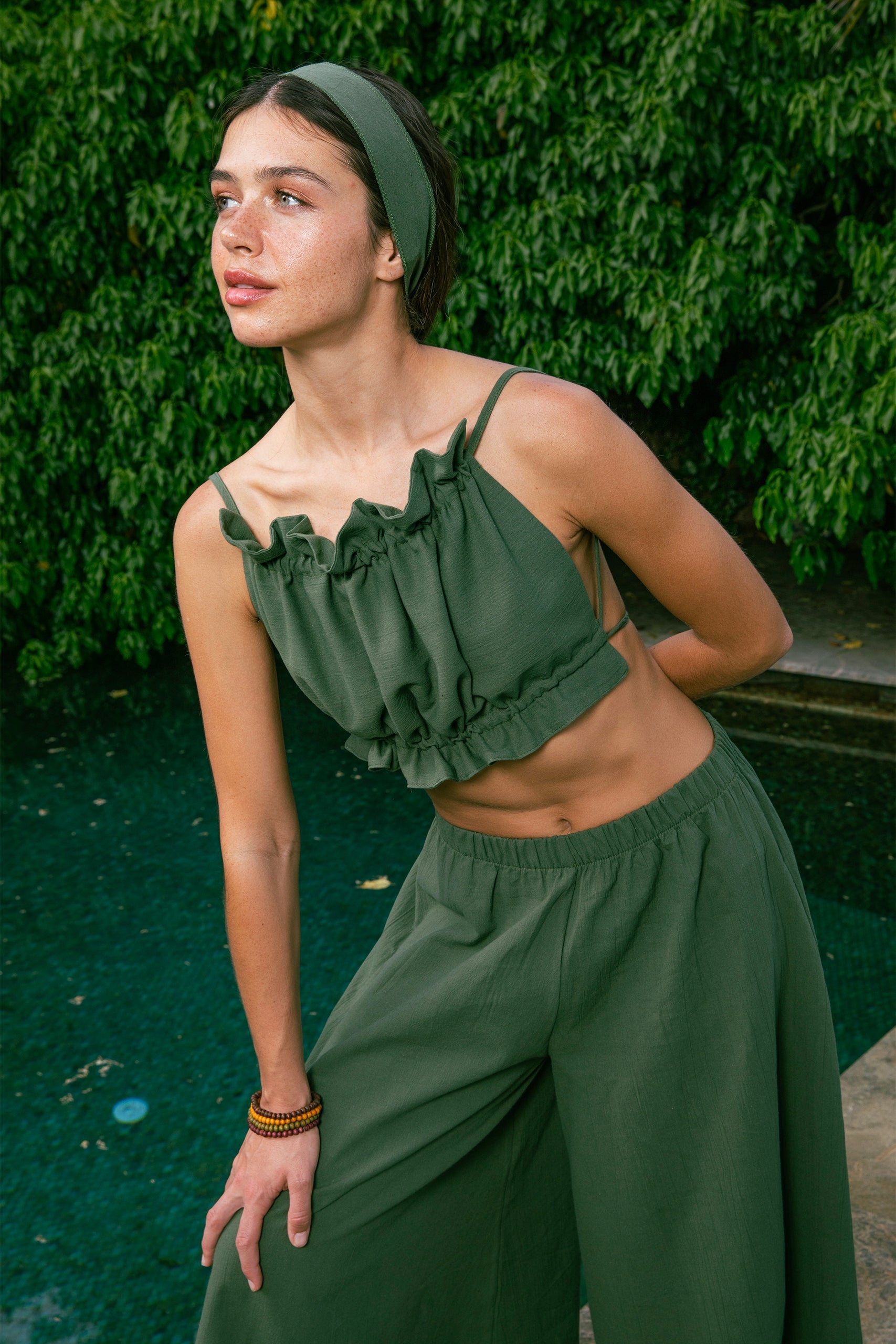 Handarte Los Angeles-Yeşil Büzgülü İpli Crop-Crop Top-4-Milagron.com