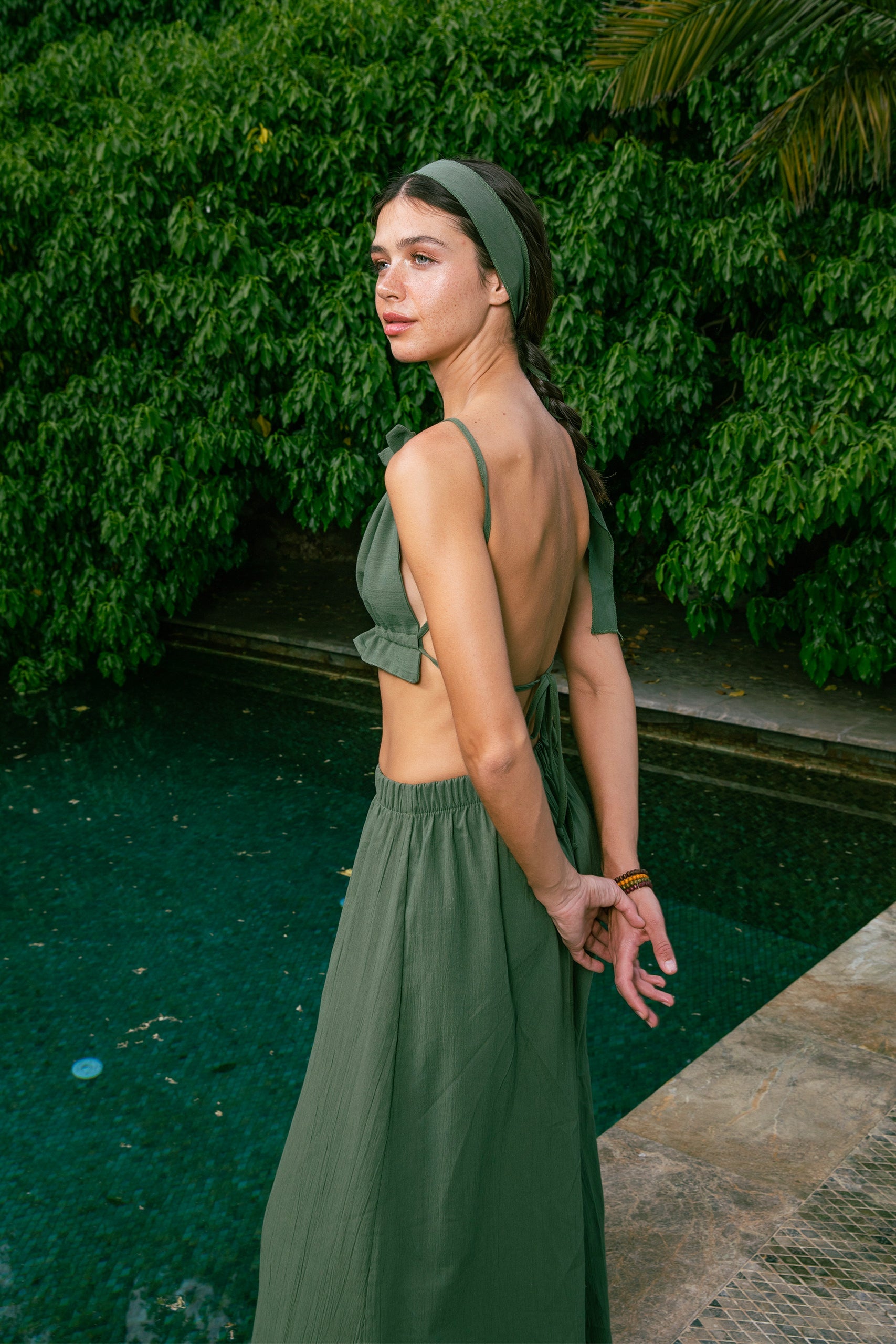 Handarte Los Angeles-Yeşil Büzgülü İpli Crop-Crop Top-7-Milagron.com