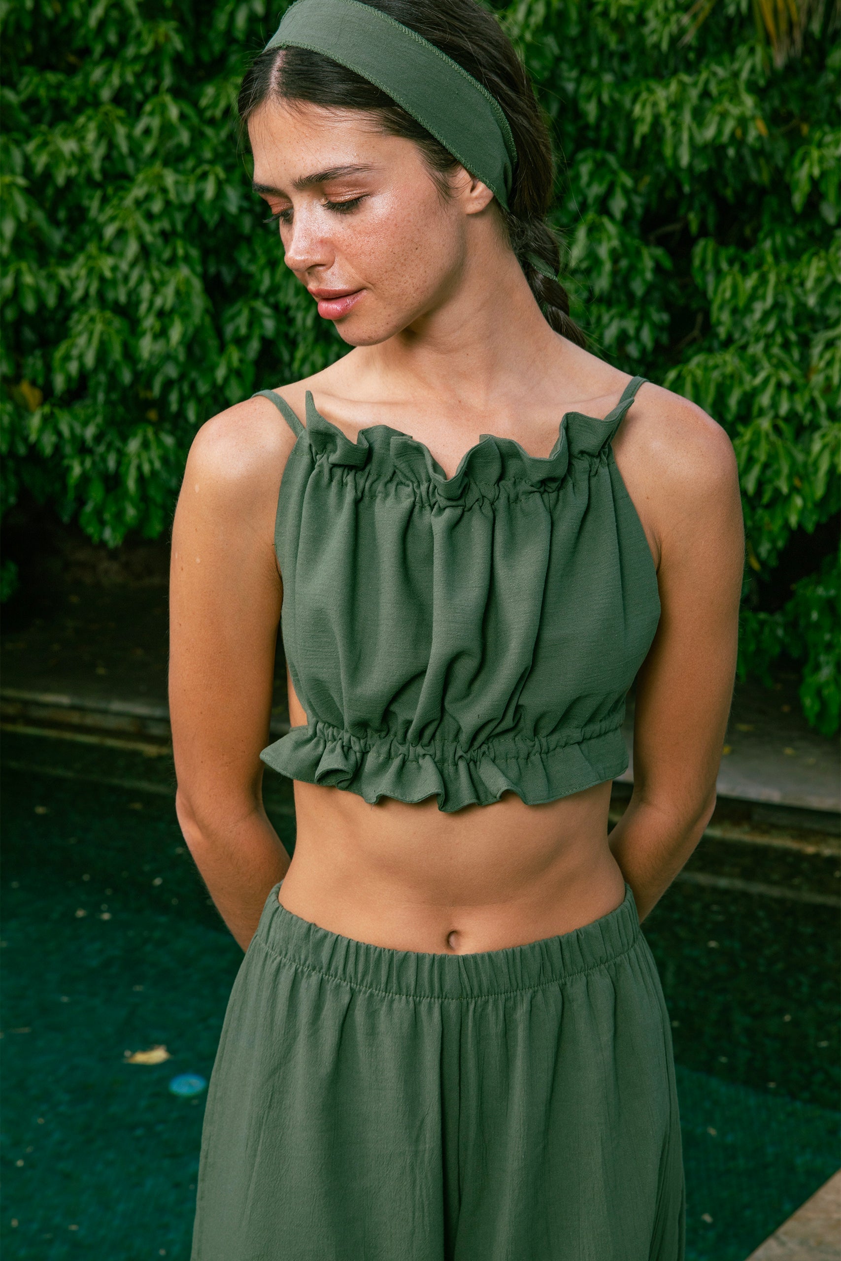 Handarte Los Angeles-Yeşil Büzgülü İpli Crop-Crop Top-9-Milagron.com