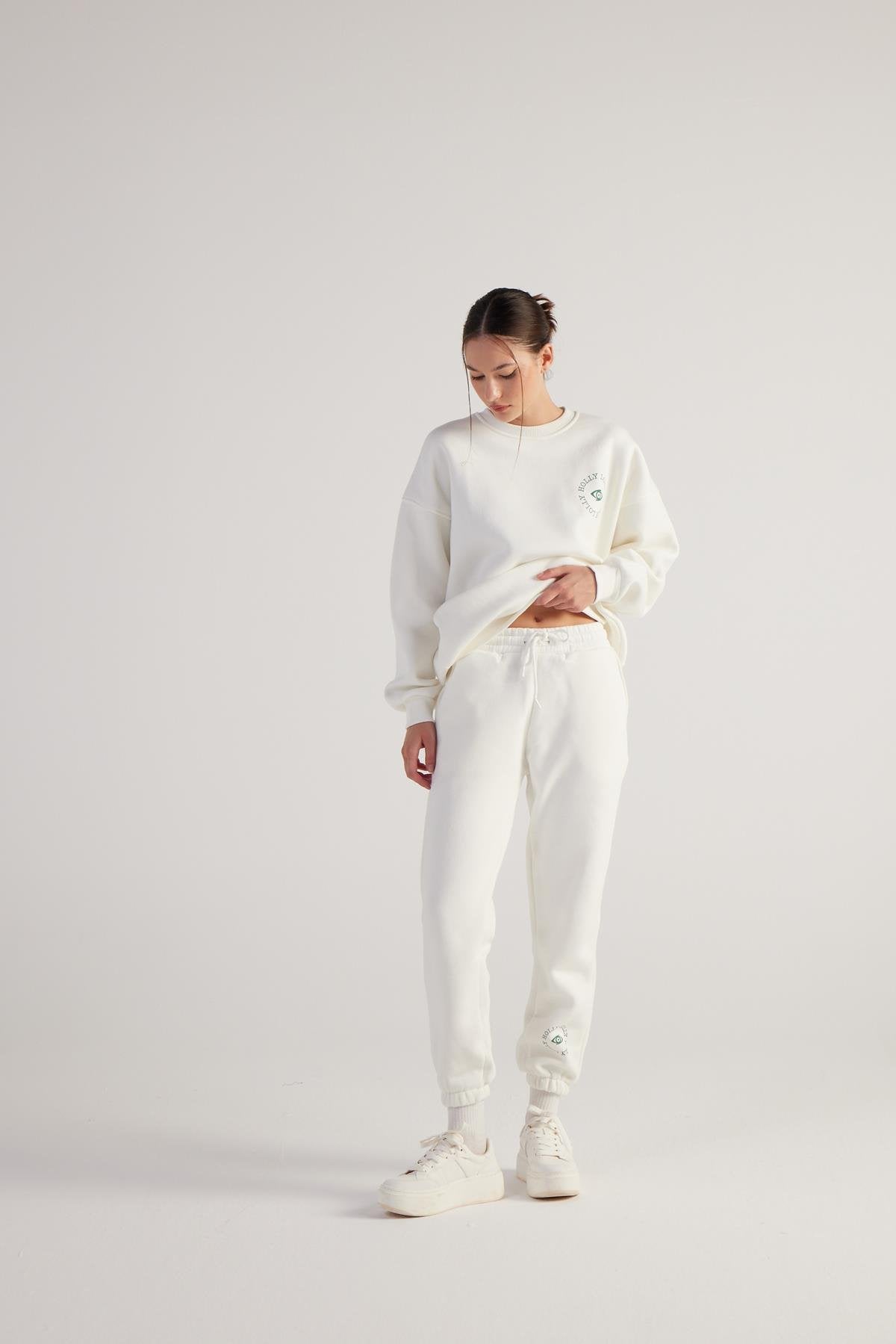 3 İplik Şardonlu Lastikli Paça Fine Eşofman Altı Ekru