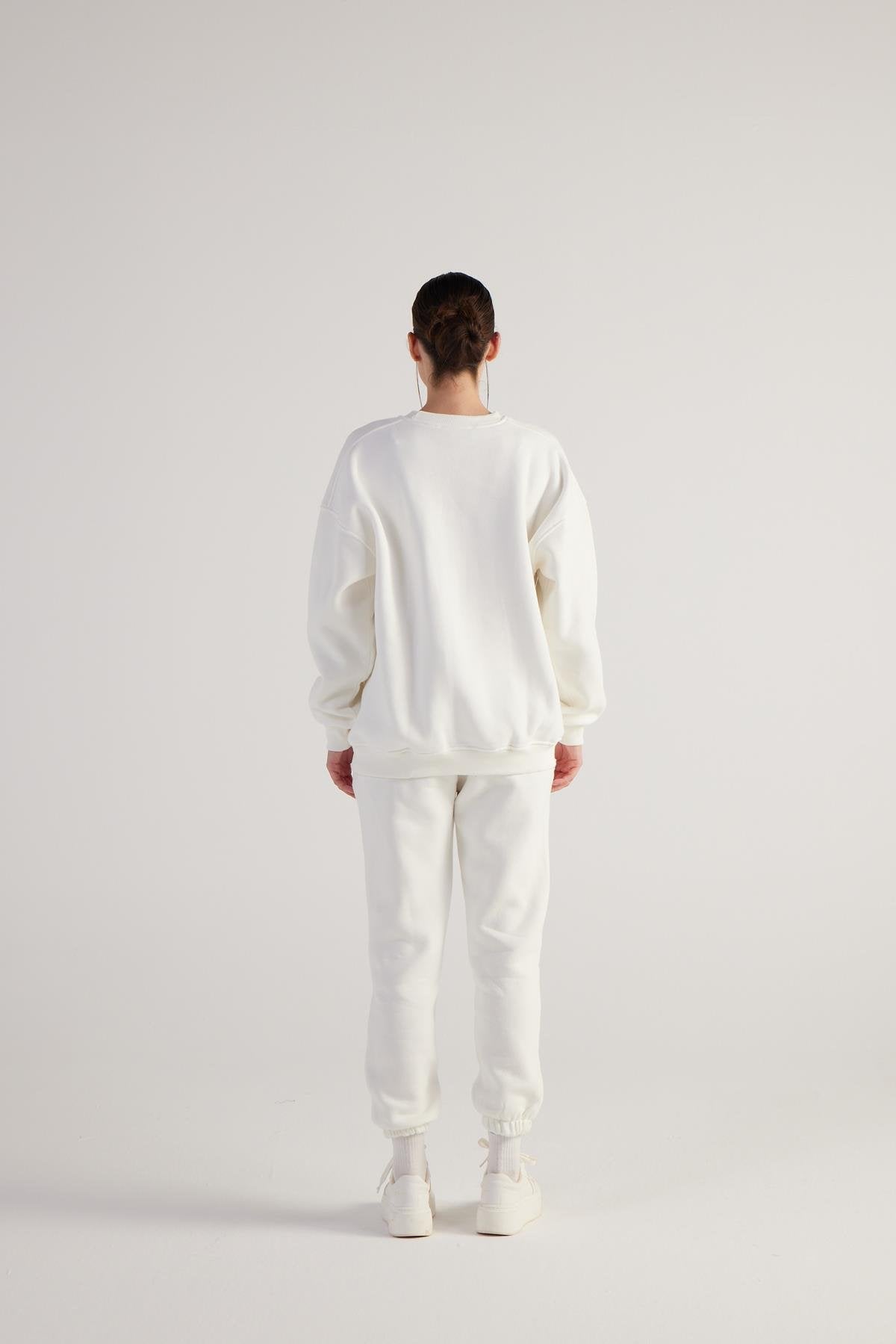 3 İplik Şardonlu Uzun Kol Bisiklet Yaka Fine Sweatshirt Ekru