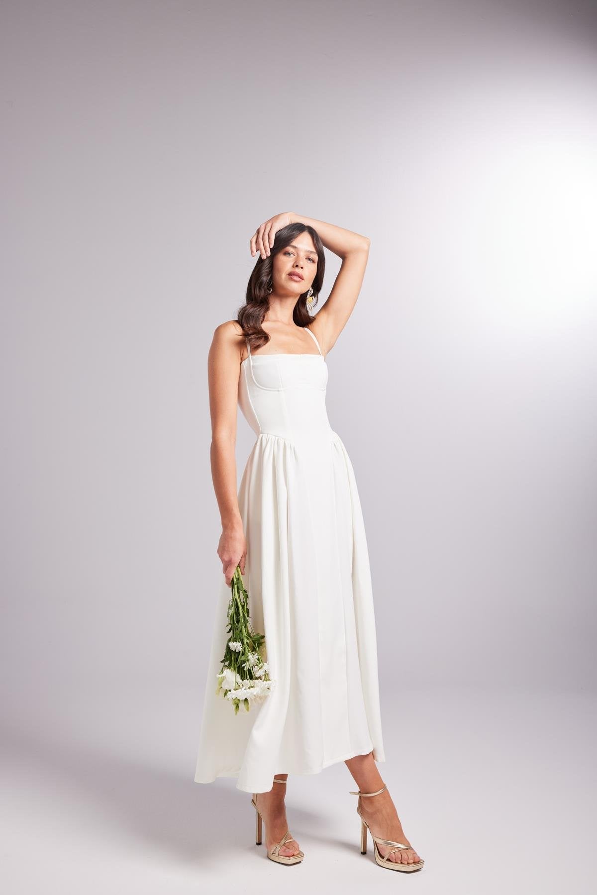 Askılı Gloplu Uzun Bridged Elbise Beyaz