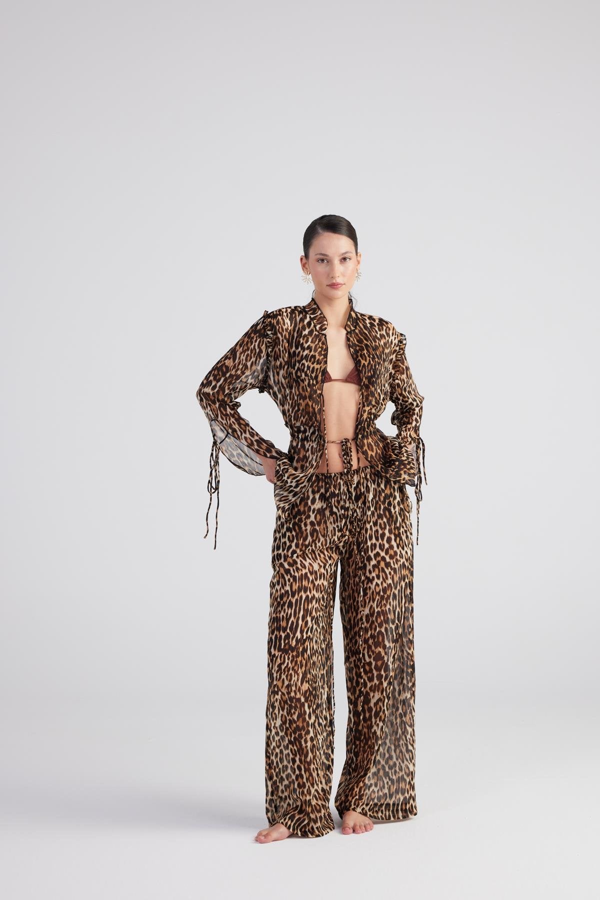 Bağlama Detaylı Leopar Desenli Şifon Savage Gömlek Kahve