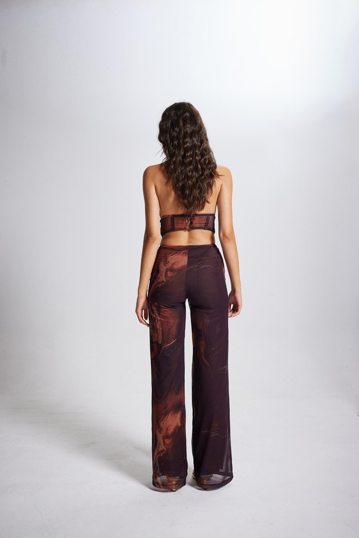 Beli İp Detaylı Astarlı Desenli Tül Mocha Pantolon Kahverengi