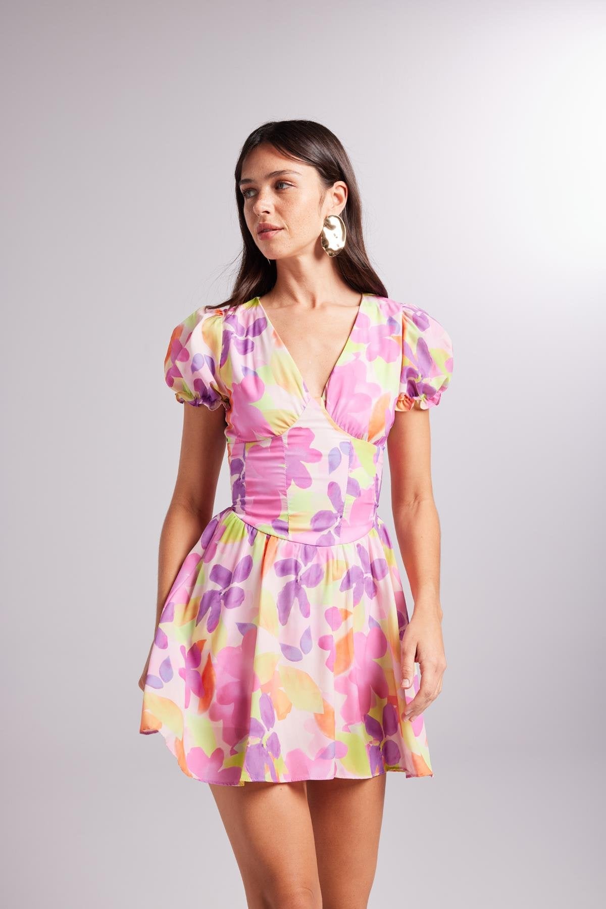 Beli Korse Detaylı Çiçekli Mini Manica Elbise Pembe