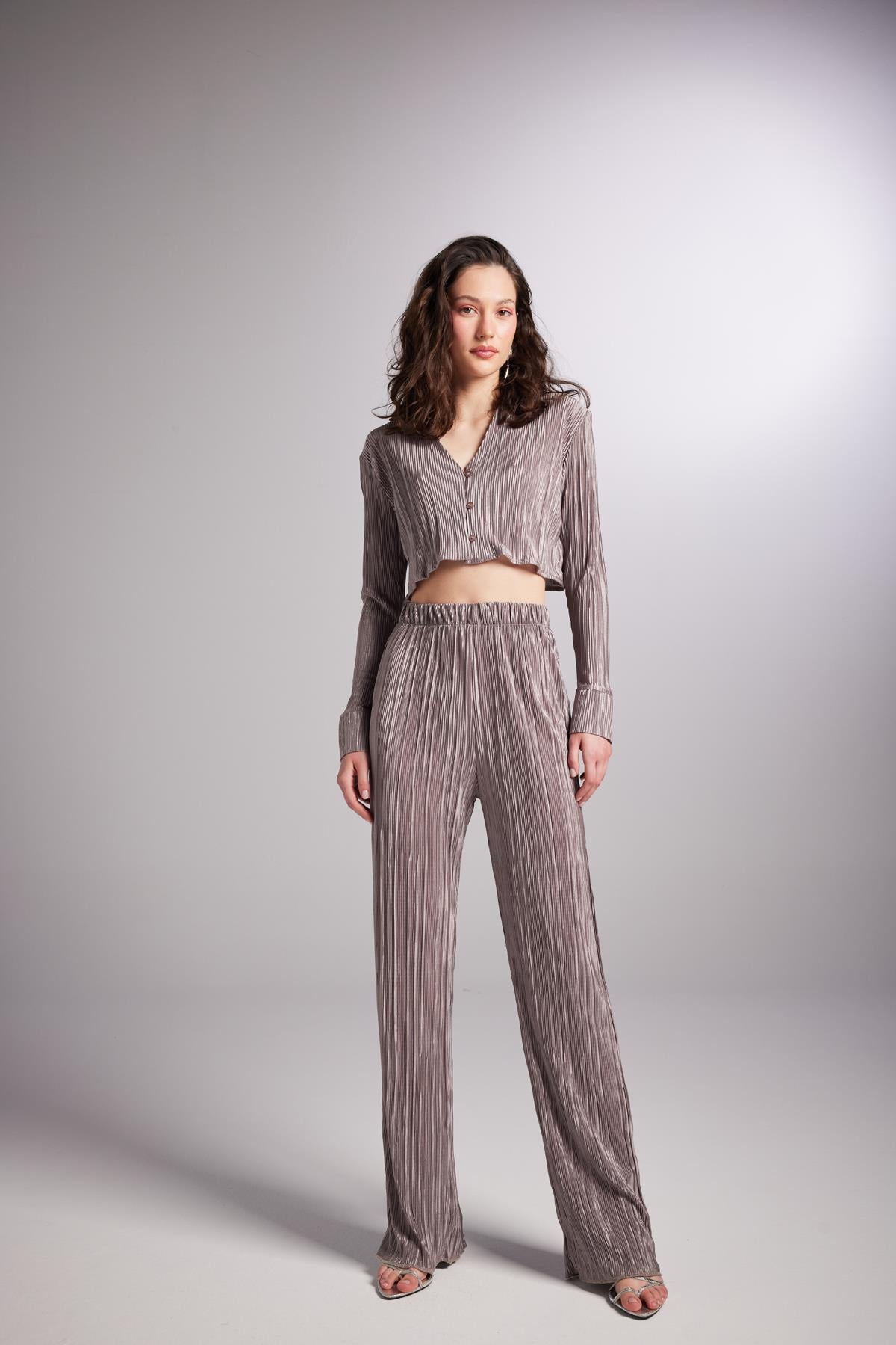 Beli Lastikli Esnek Comfy Pantolon Vizon