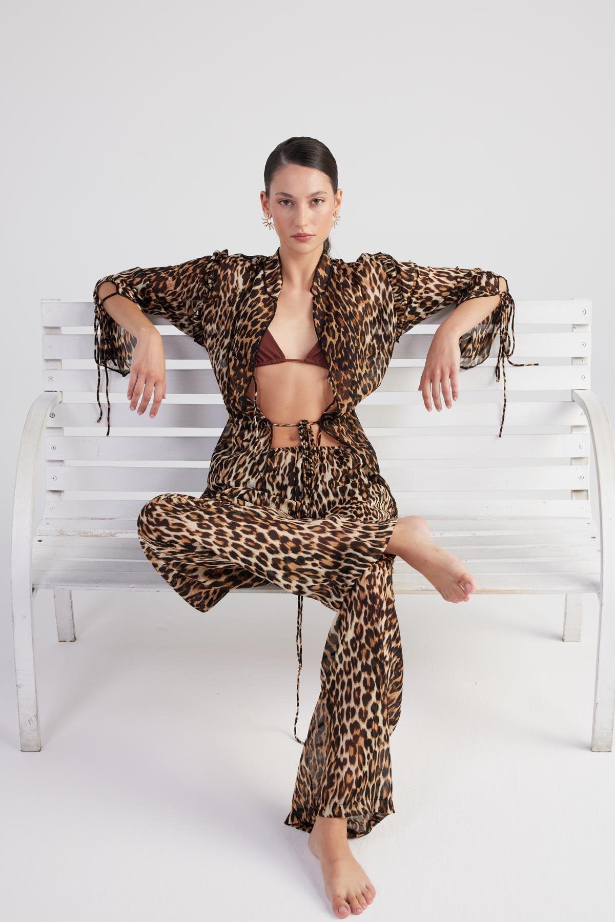 Beli Lastikli Leopar Desenli Şifon Savage Pantolon Kahve