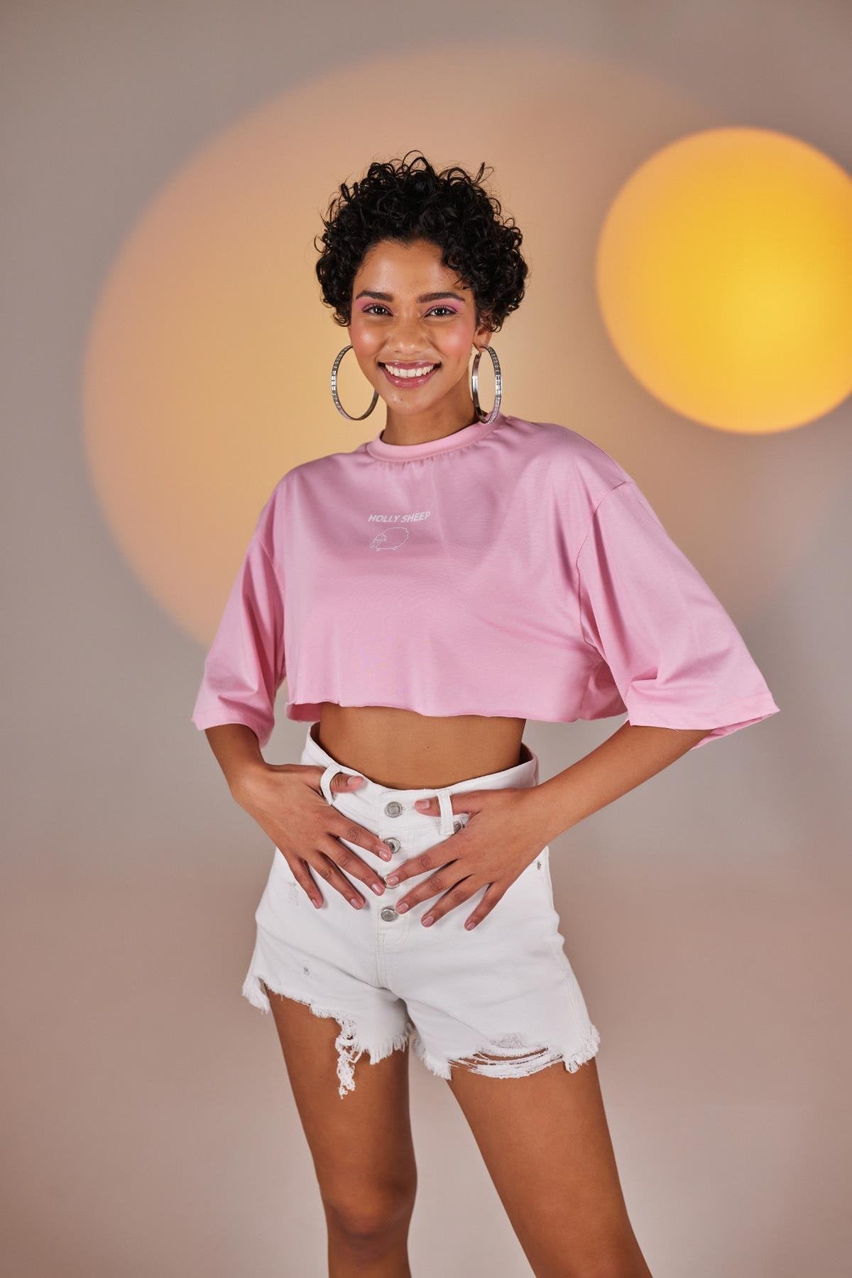 Bisiklet Yaka Holly Crop Tshirt Pembe