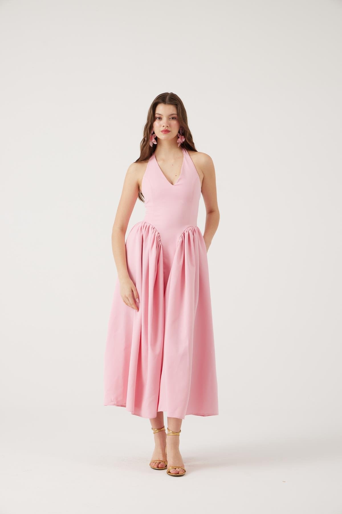 Boyundan Bağlamalı Bele Oturan Uzun Ophelia Elbise Pembe