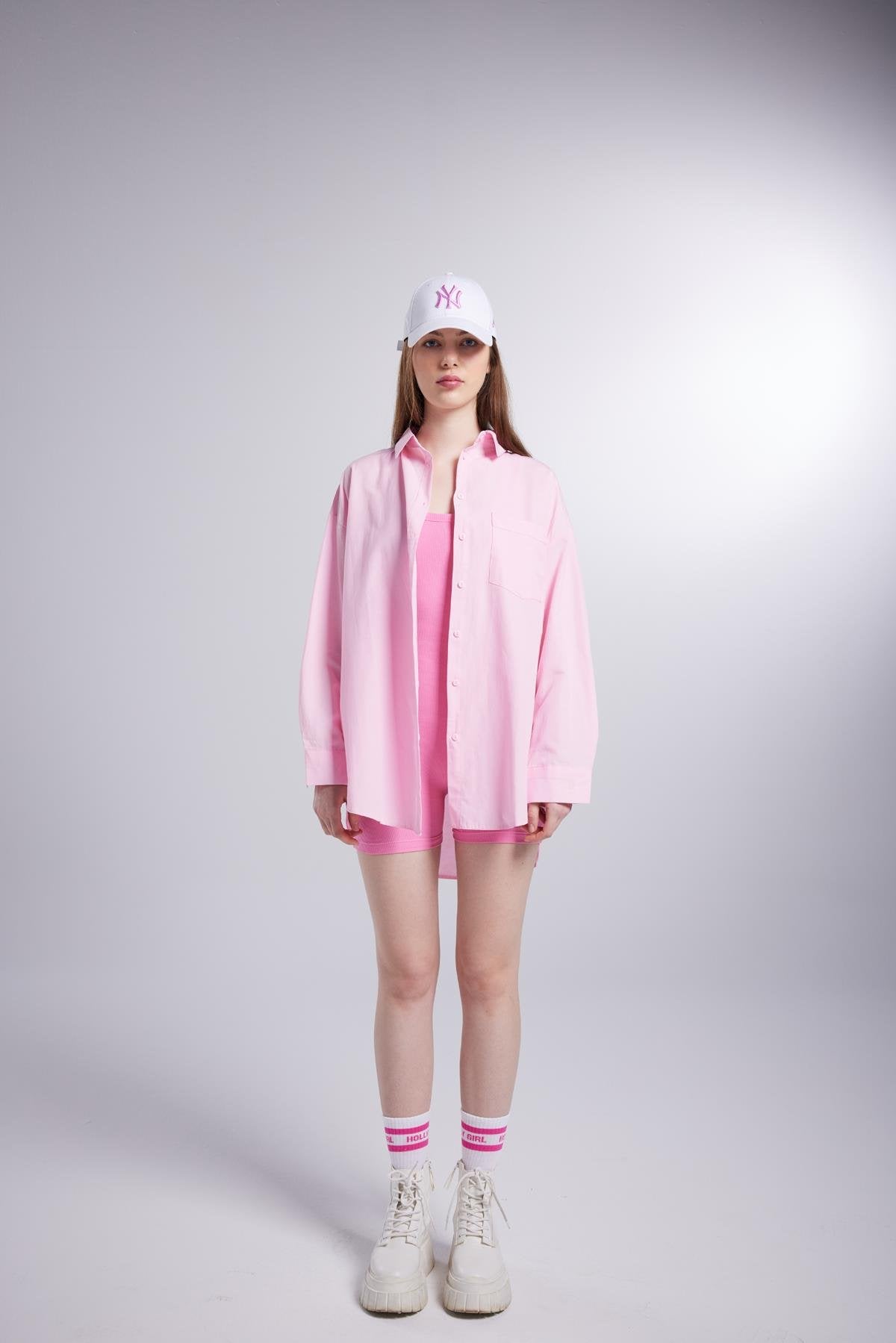 Cepli Oversize Kesim Lovesize Gömlek Pembe
