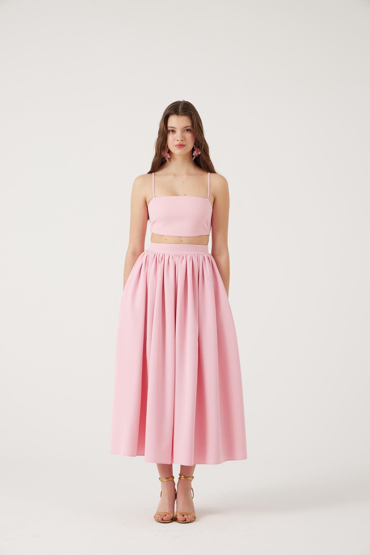 Cepli Uzun Etek Ve Crop İkili Isabella Takım Pembe